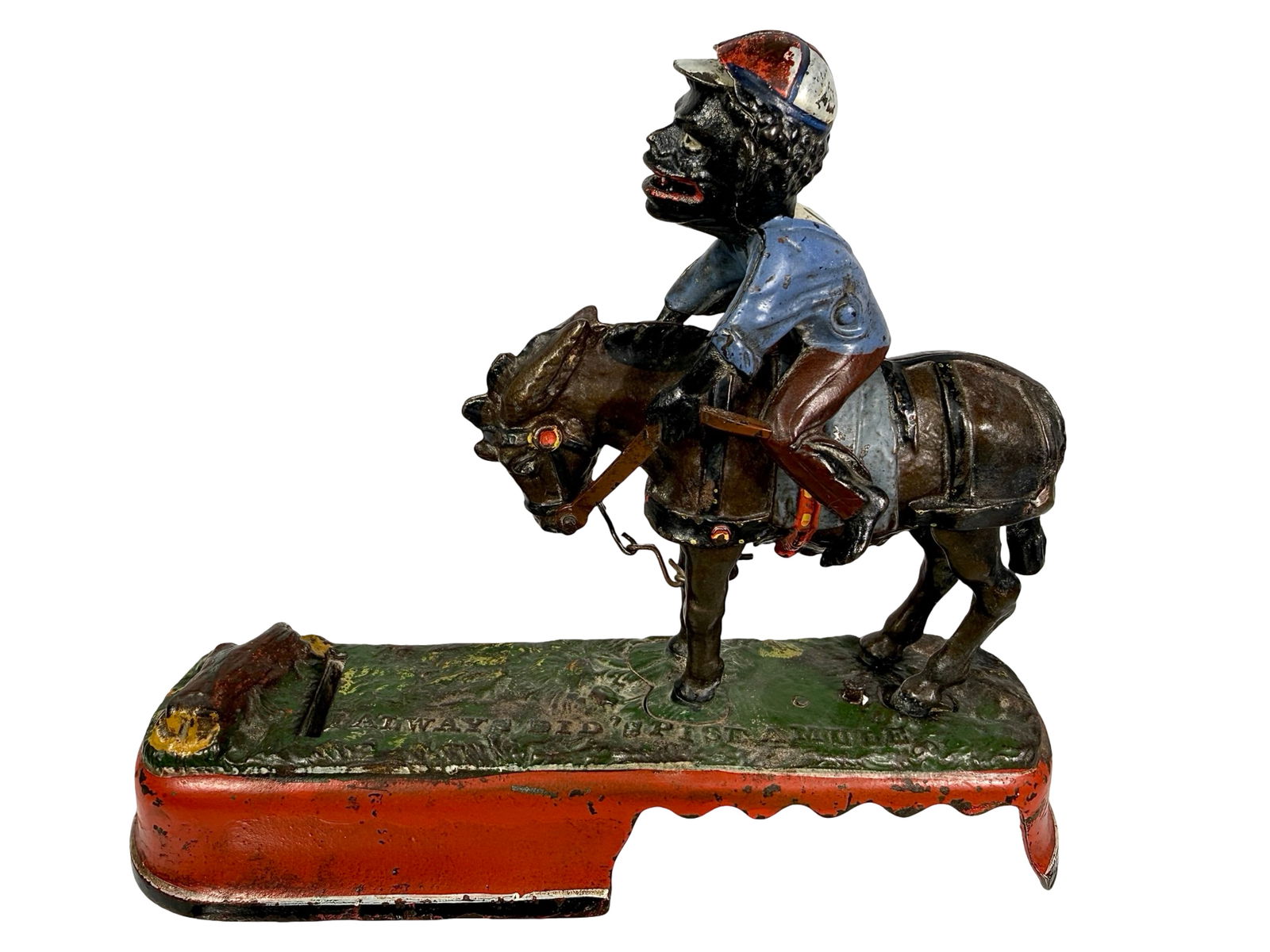 I Always did Spise a Mule Cast Iron Mechanical Bank - Jockey Version: J & E Stevens Company - Cromwell, CT. 1880 - 8 1/4"T x 10 1/4"L x 3"D
