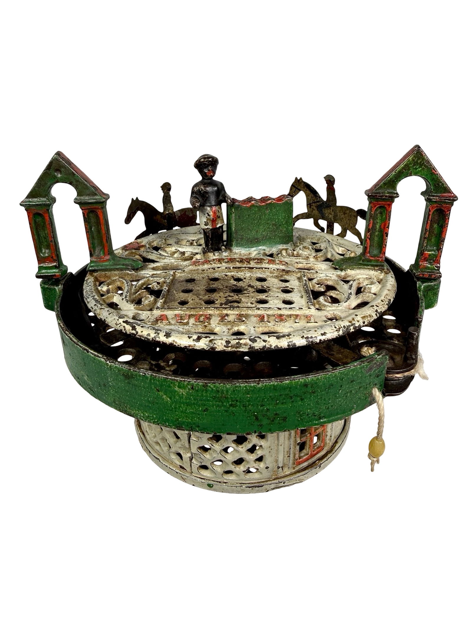 Horse Race Cast Iron Mechanical Bank - Straight Base - Scarce: J & E Stevens Company - Cromwell, CT. 1870's - 5"T x 6 1/2"W x 6"D