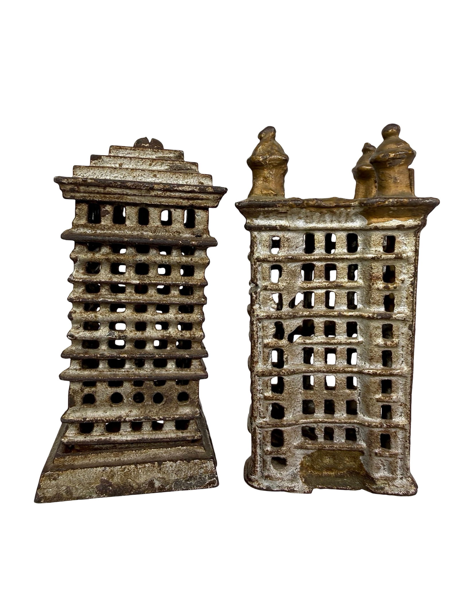 Two Cast Iron Building Banks - Tiered Highrise / Tiny Skyscrapper: A.C. Williams Co. - Ravenna, OH. 1910's - 3 1/2"T x 2"W