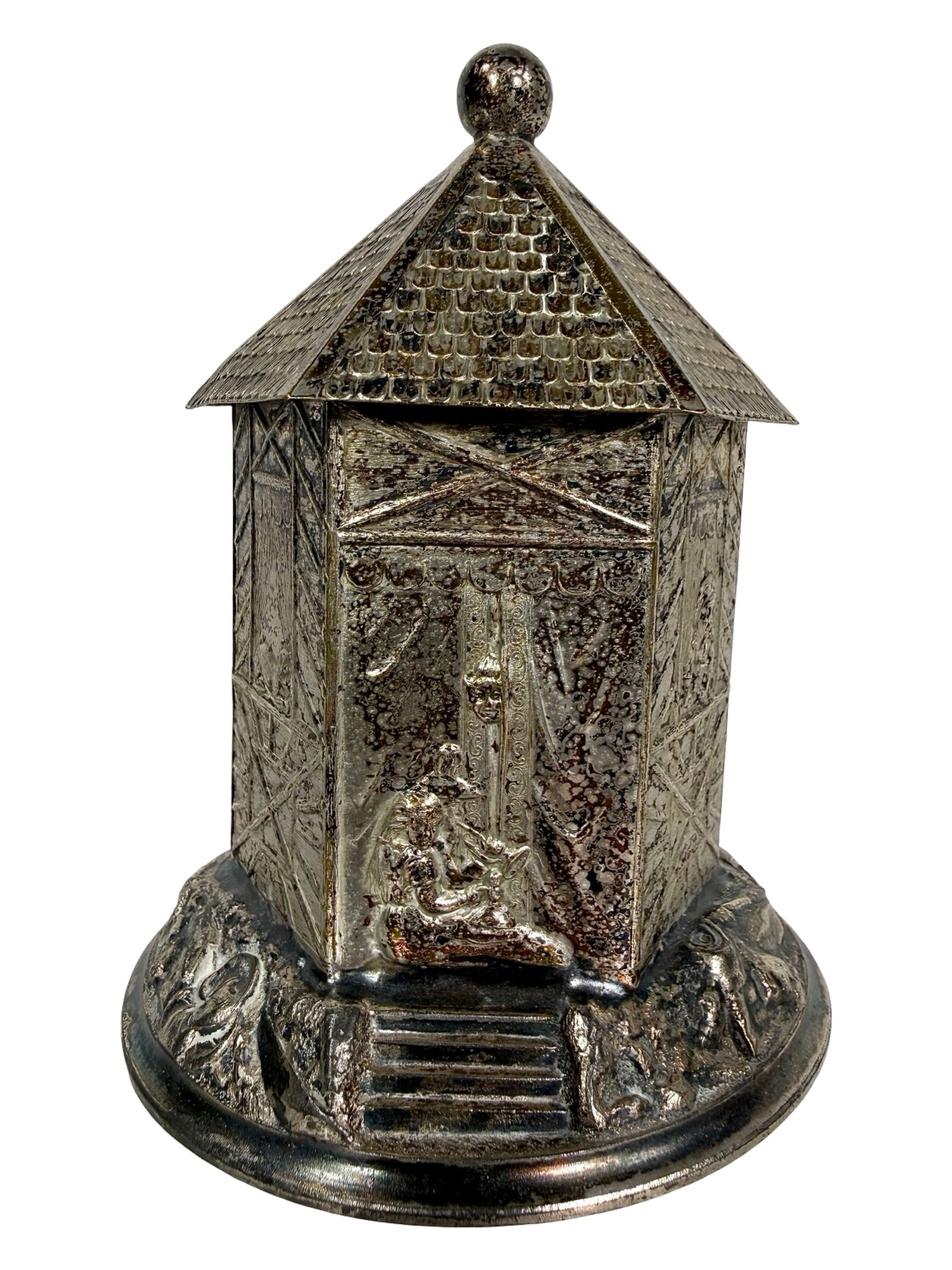 Silvered Tin Hexagonal Home - Still Bank: German 1920 - 4 1/2"T x 3 1/4"Circular