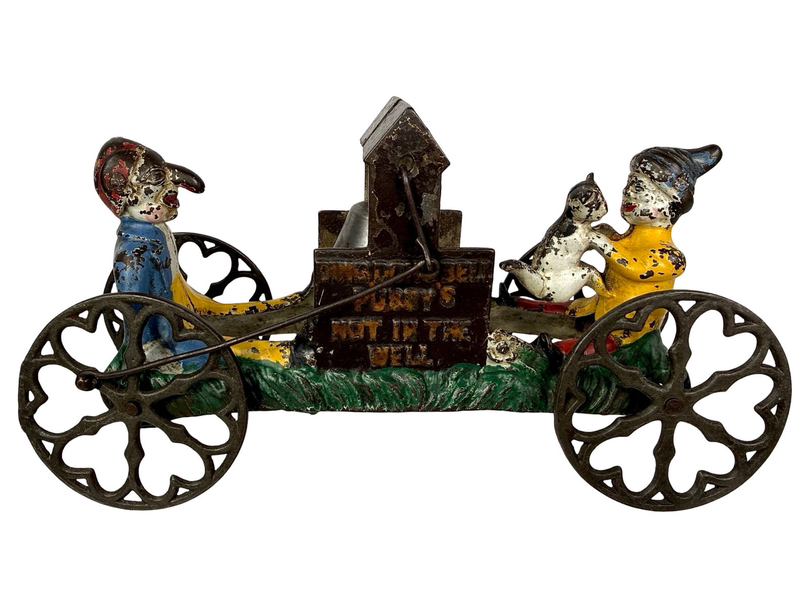 Ding Dong Bell Toy - Pussy's not in the Well: Gong Bell Mfg. Co. - Connecticut 1890 - 9"L x 5"T x 3"D