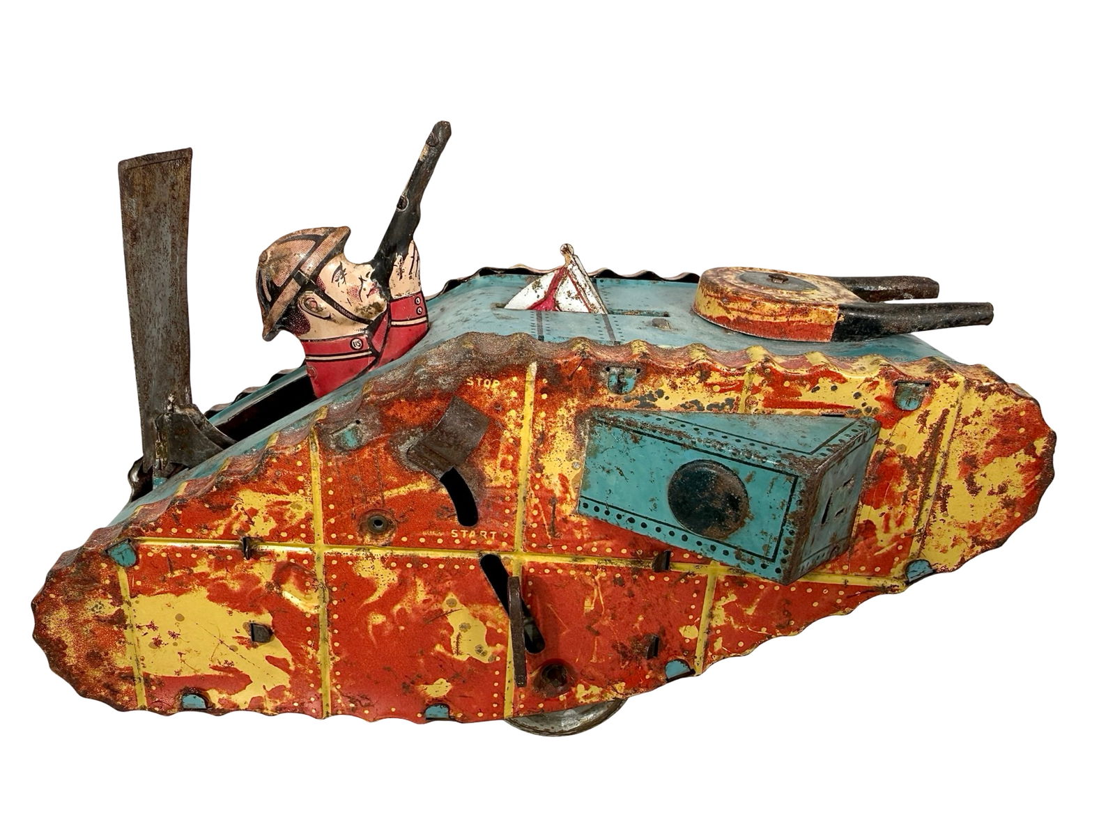 World War I Era Windup Tank - Scarce with Flag Waver: Louis Marx and Company - NY City 1920's - 6"T x 9 1/2"W x 5"D