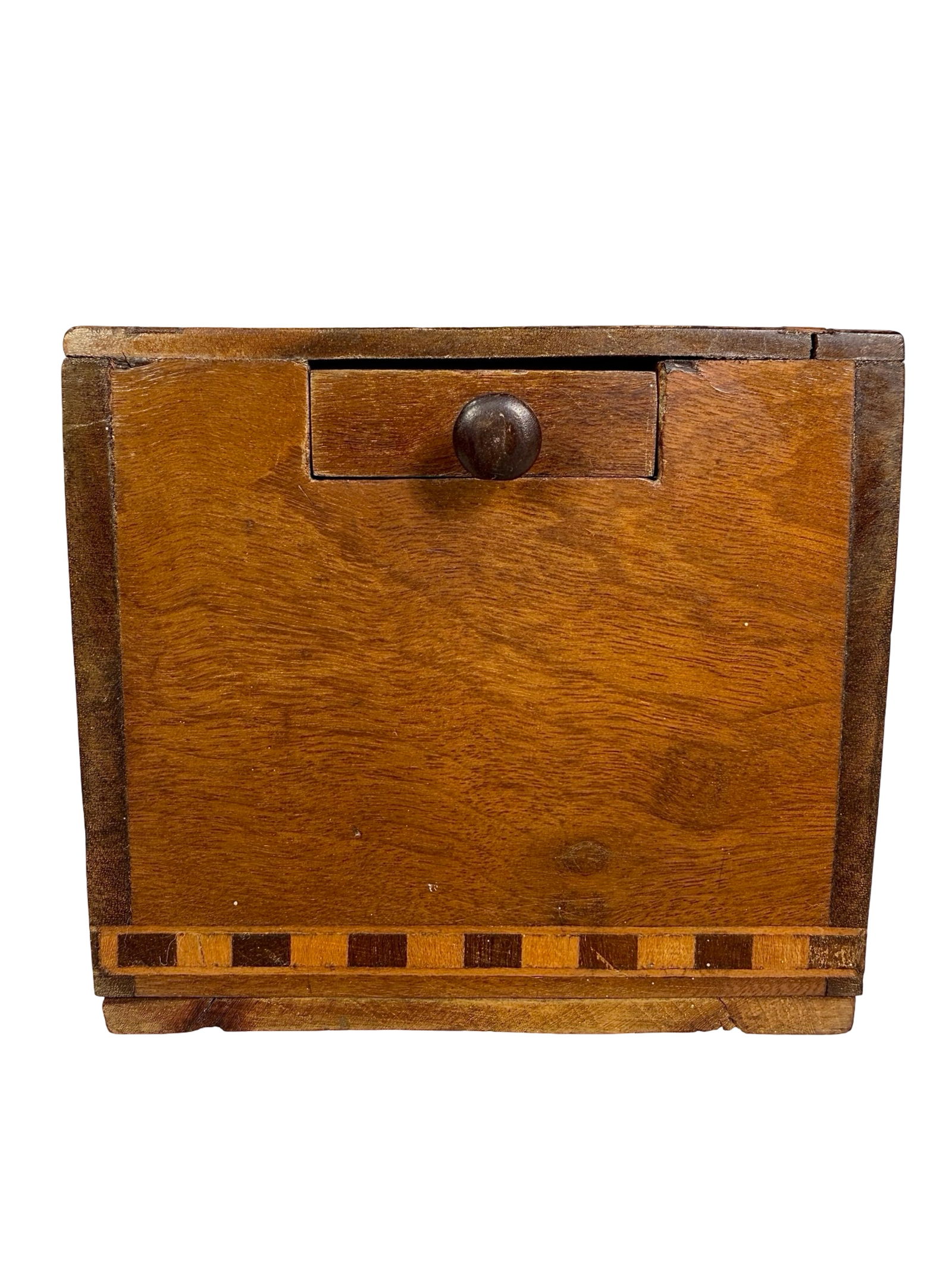 Mahogany Inlaid Mystery Bank: American 1920's - 4"T x 4"W x 6"D