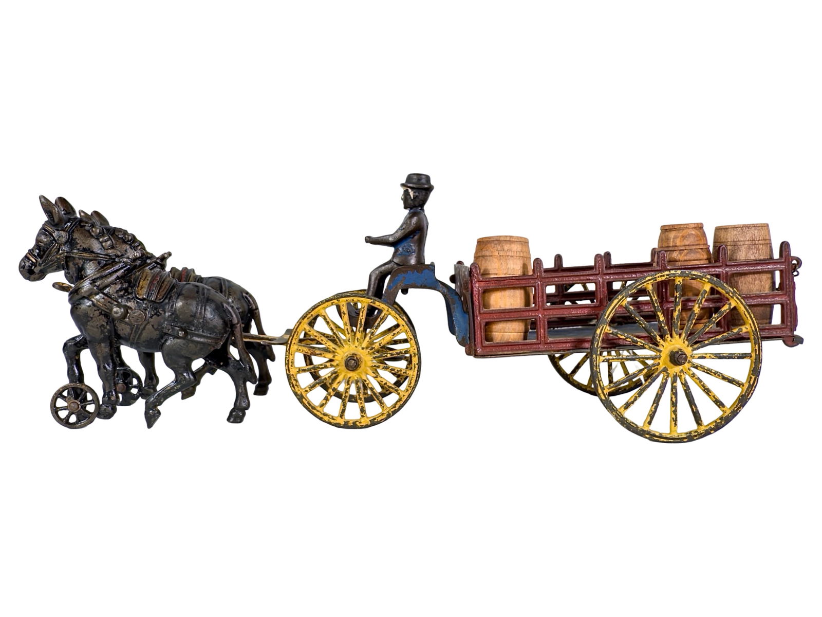Double Donkey Drawn Dray Wagon - Tin and Cast iron - Scarce: Wilkins Hardware Co. - Keene, NH. 1905 - 6"T x 17"L x 5 1/2"D - The Olshefski Collection