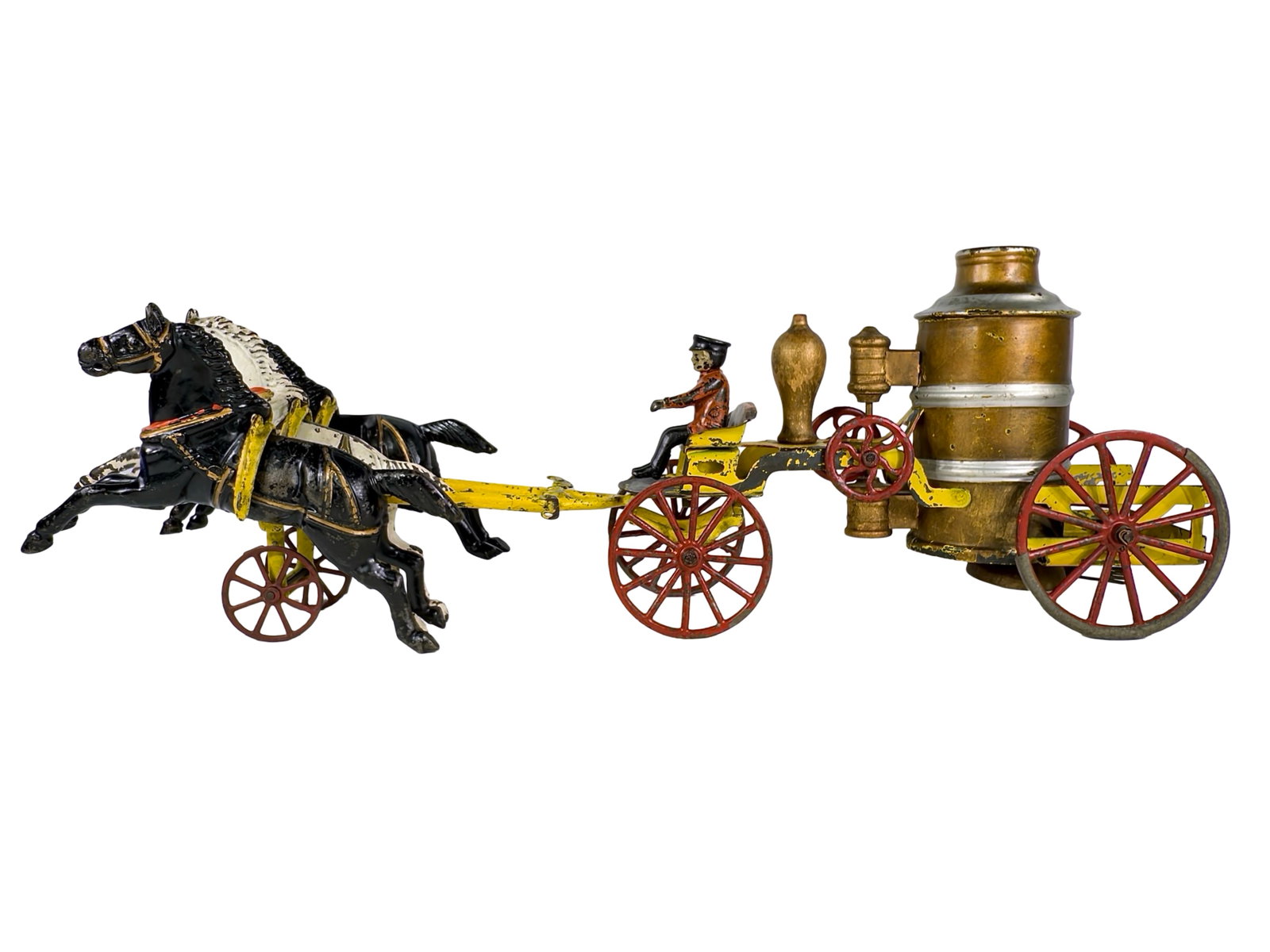 Three Horse Fire Pumper with Hanging Horses - Tin, Iron, and Wood - Scarce: Wilkins Hardware - Keene, NH. 1905 - 7 1/2"T x 21"L x 6"D - The Olshefski Collection