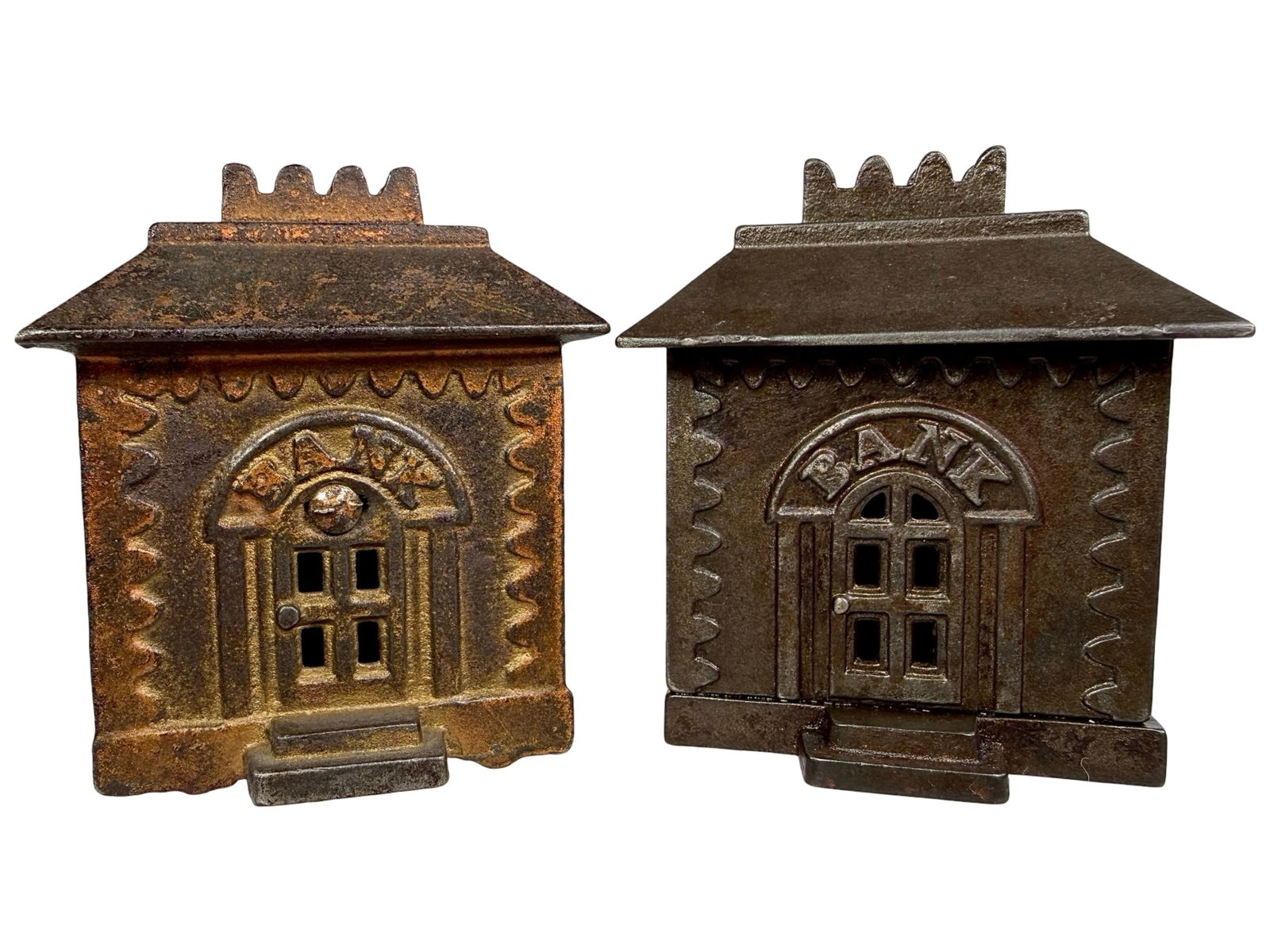 Two Medium Crown Banks: Grey Iron Co. - Pennsylvania 1895 - 3 1/2"T x 3 1/4"W - Clayton Luther Collection