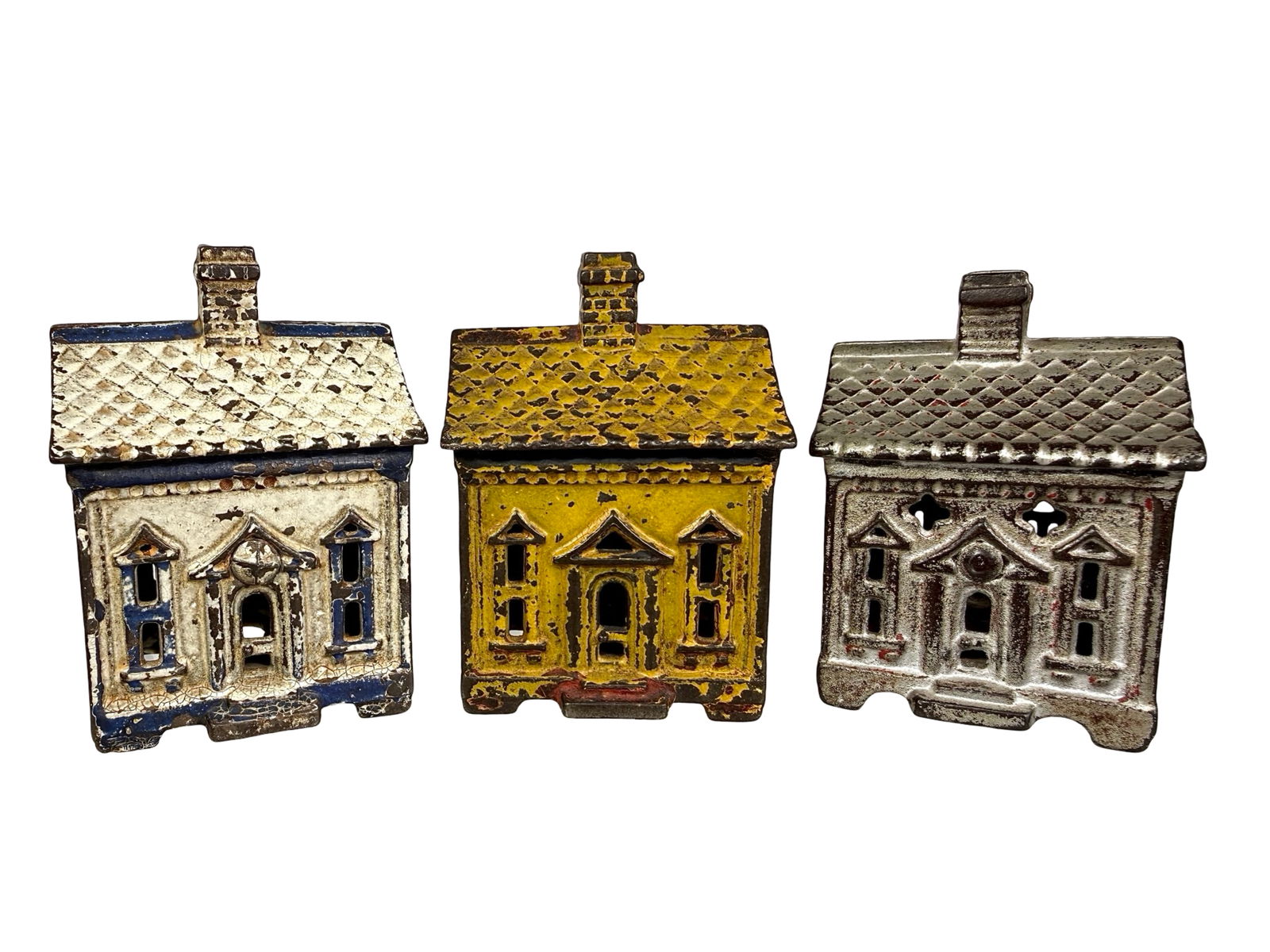 Three One Story House Banks: J & E Stevens Co. - Cromwell, CT. 1880's - 3 1/4"T x 2 1/4"W
