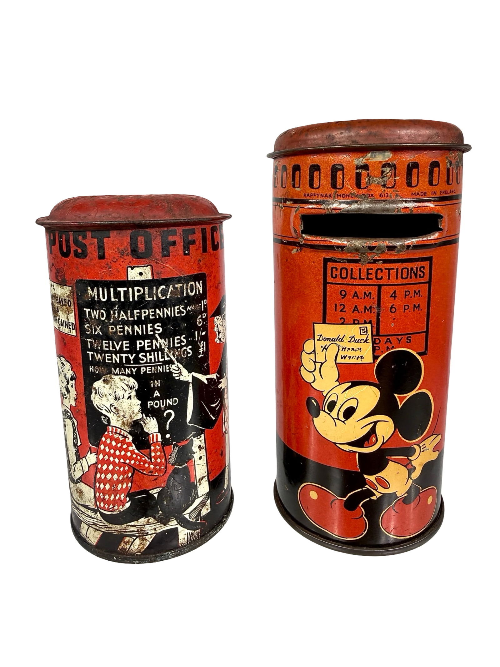 Two Tin Postal Boxes: English 1930s - One with Mickey Mouse - 3 3/4 - 4 3/4" Tall
