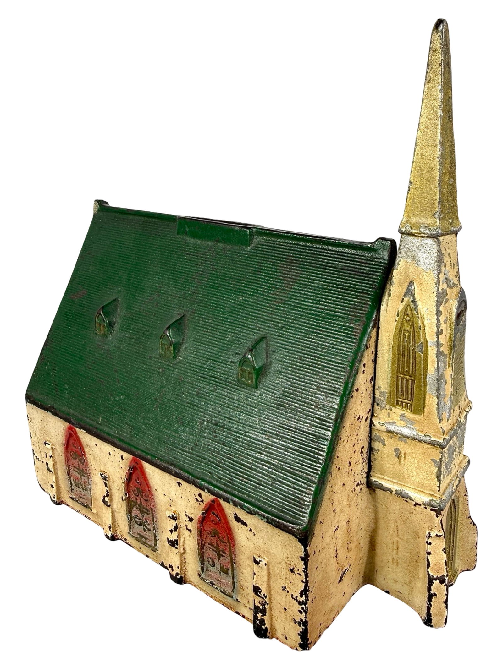 New England Church with Painted Windows: American 1920's - 7 1/2" T x 7"D - Clayton Luther Collection