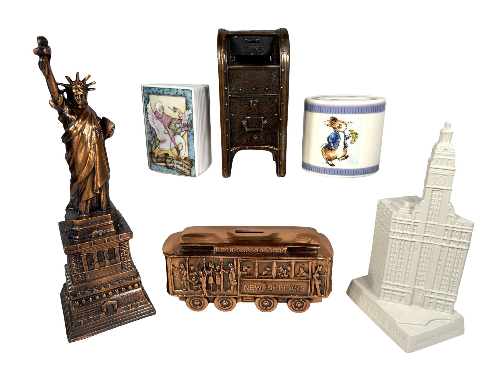 Six SBCCA Bank Premiums - Cast Iron/Ceramic: American 2003 to 2020 - Tallest is 7"T x 2 7/8"L