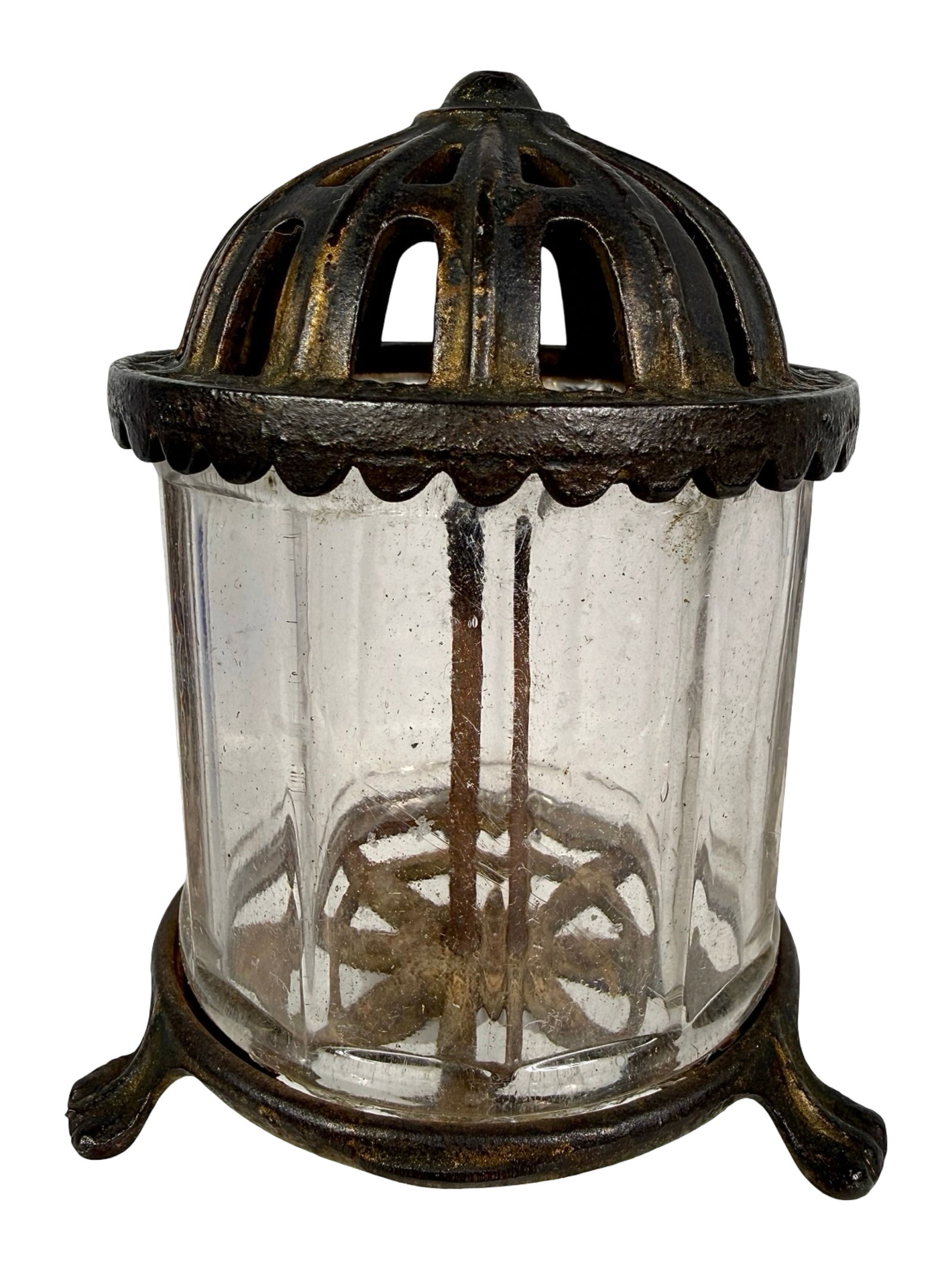 Cylindrical Bank Open Top - Glass and Cast Iron: American 1910's - 3 3/4"T x 3"W