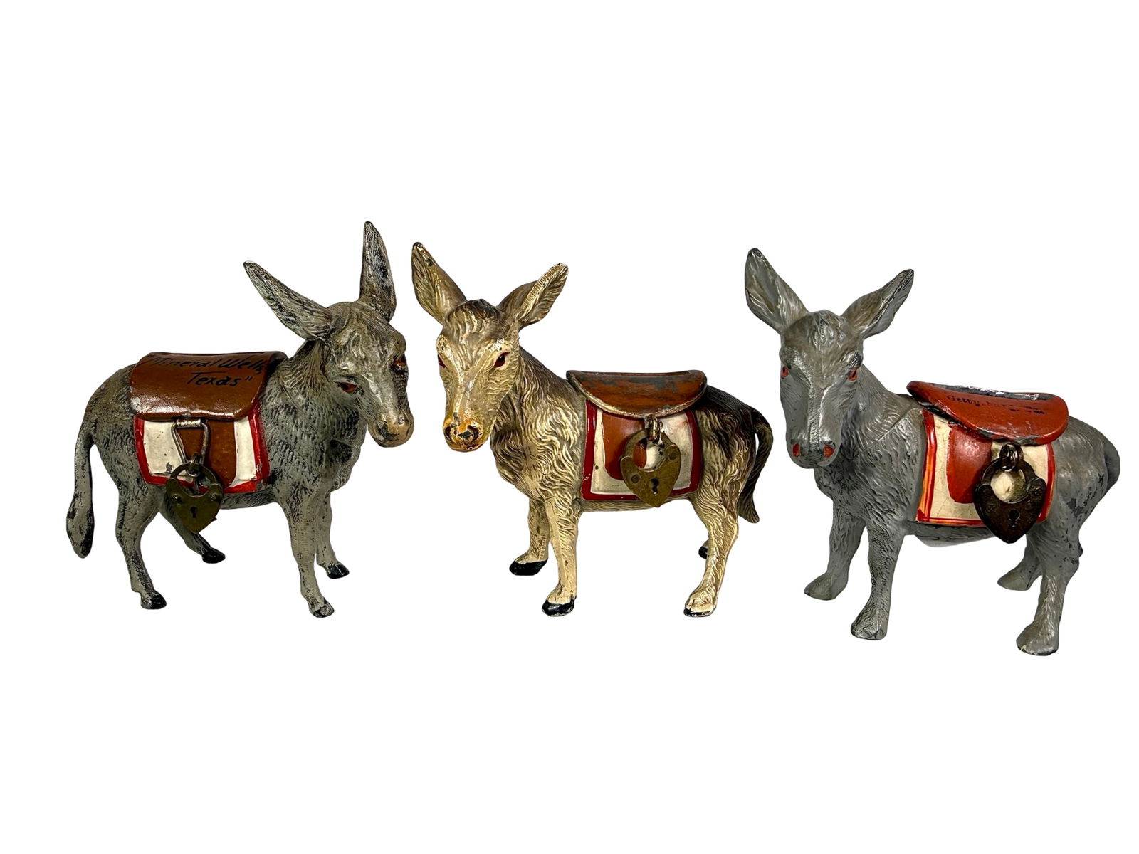 Three Spelter Donkey Banks - One is a Souvenir of Mineral Wells, Texas: German 1920 - 3 1/2"T x 3 5/8"L - The Tom Kellogg Collection