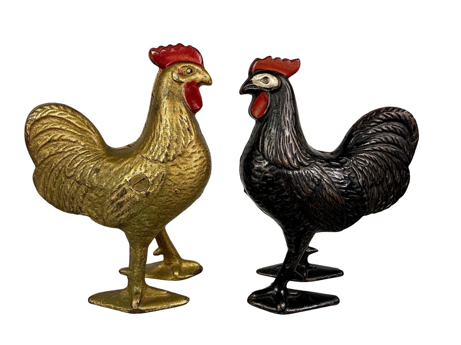 Two Cast Iron Rooster Banks - Gold / Black: A.C. Williams Co. - Ravenna, OH. 1920's - 4 3/4"T x 3 1/2"L - The Tom Kellogg Collection