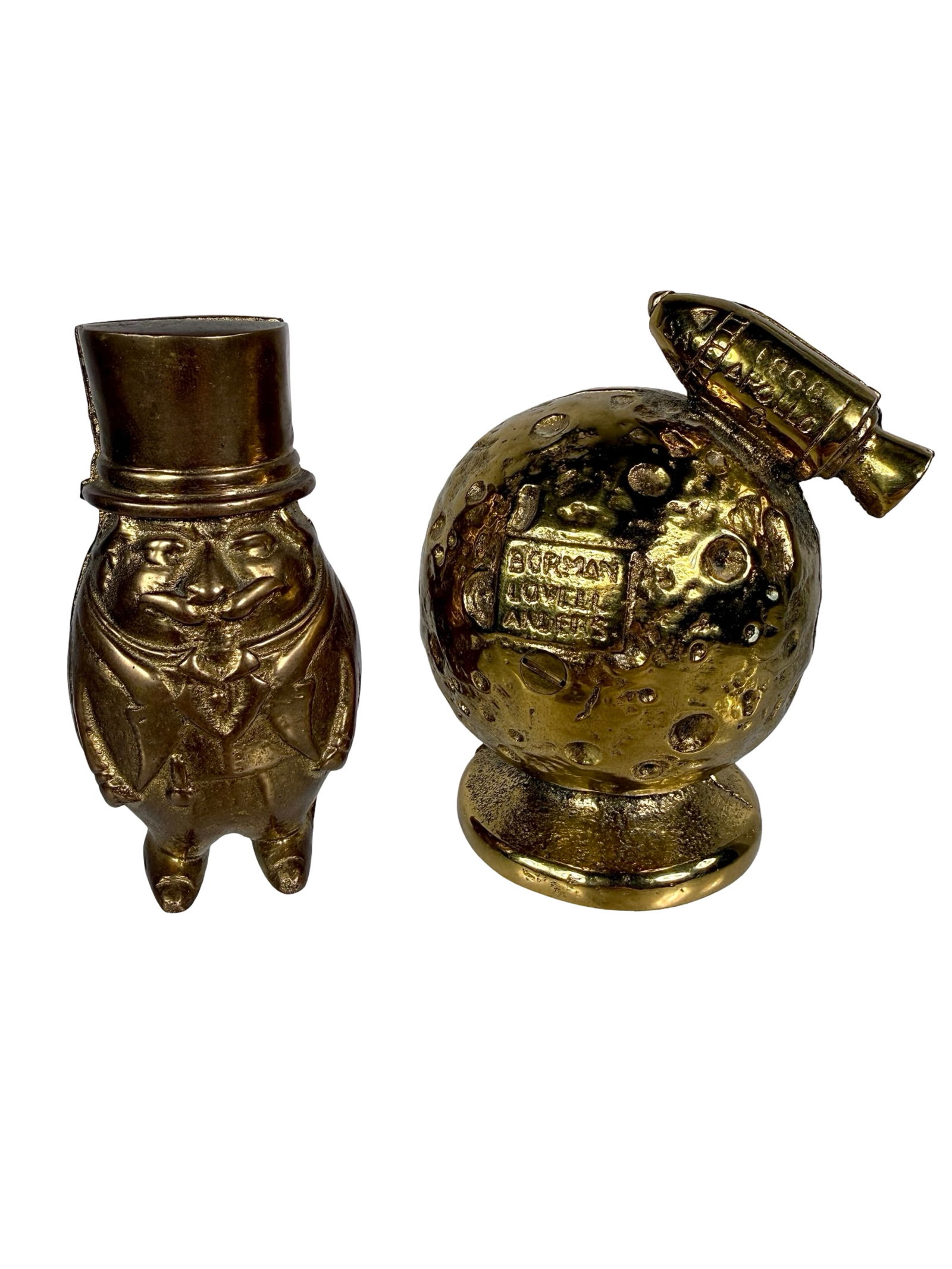 Two Brass Banks - Eggman/1968 Apollo: Probably American - Apollo is 4"T x 3 3/8"W - The Tom Kellogg Collection