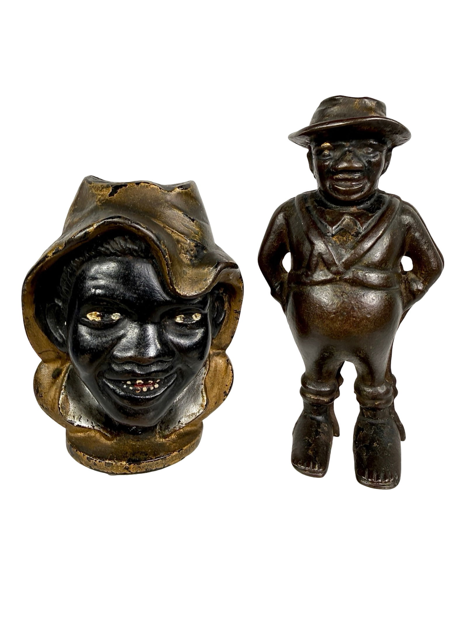 Two Cast Iron Still Bank People - Sharecropper Scarce with Toes Both Feet: A.C. Williams Co. - Ravenna, OH. 1920's - Sharecropper is 5"T x 3"W - The Tom Kellogg Collection