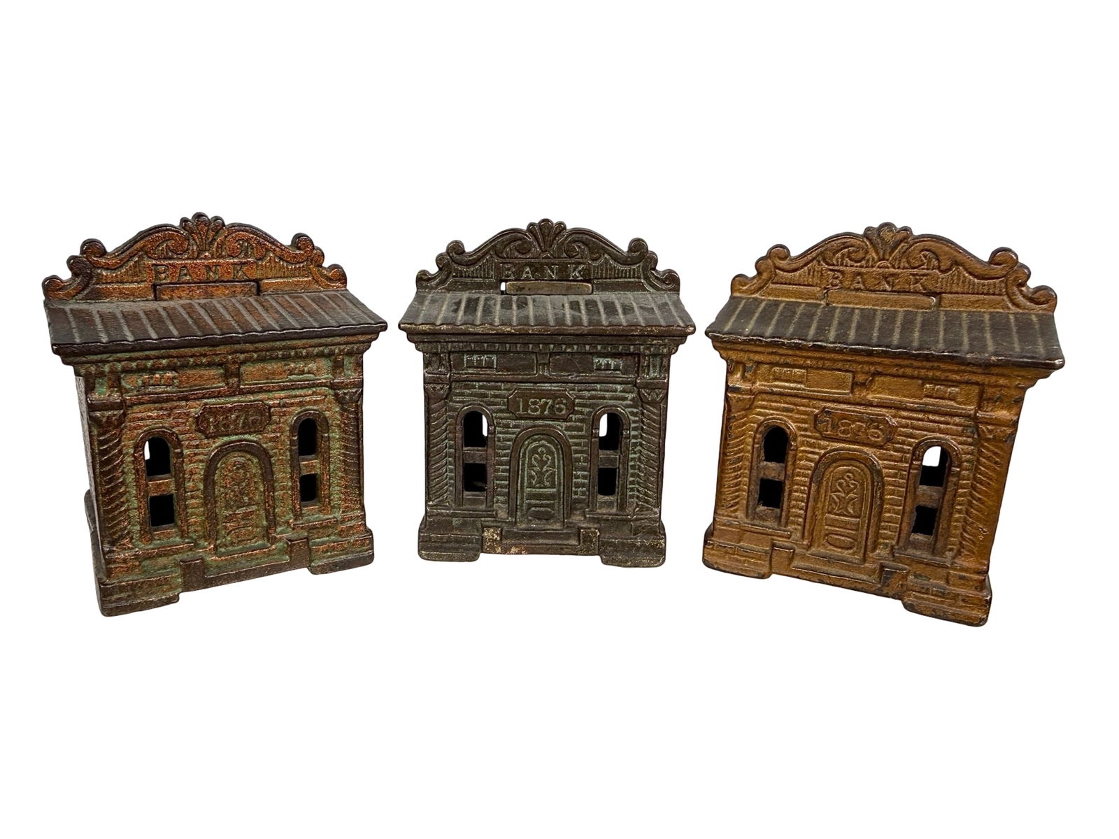 Three 1876 Banks: H.L Judd Company - Wallingford, CT. 1876 - 2 1/2"T x 2 1/4"W - The Tom Kellogg Collection