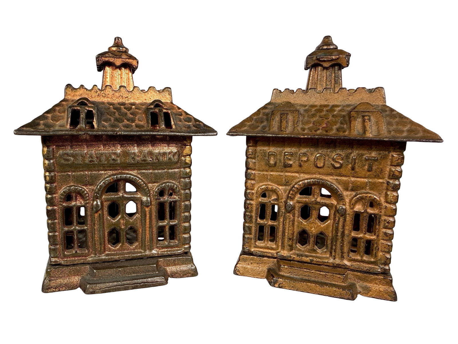 State Bank/ Deposit Bank- Painted Copper- Scarce: Kenton Hardware/ Grey Iron Casting Co. American 1900- 4 1/4'T - The Tom Kellogg Collection