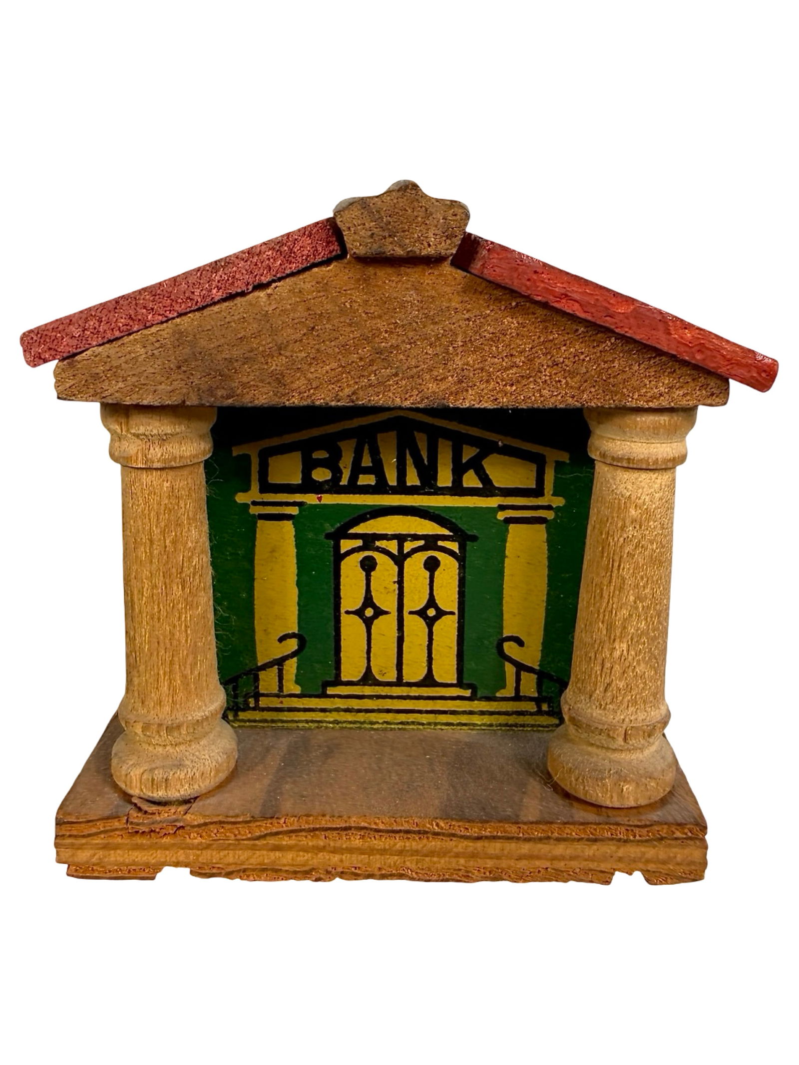 Bank Building Made of Wood/ Tin: American 1915- 2 3/4"T x 3"L -The Tom Kellogg Collection
