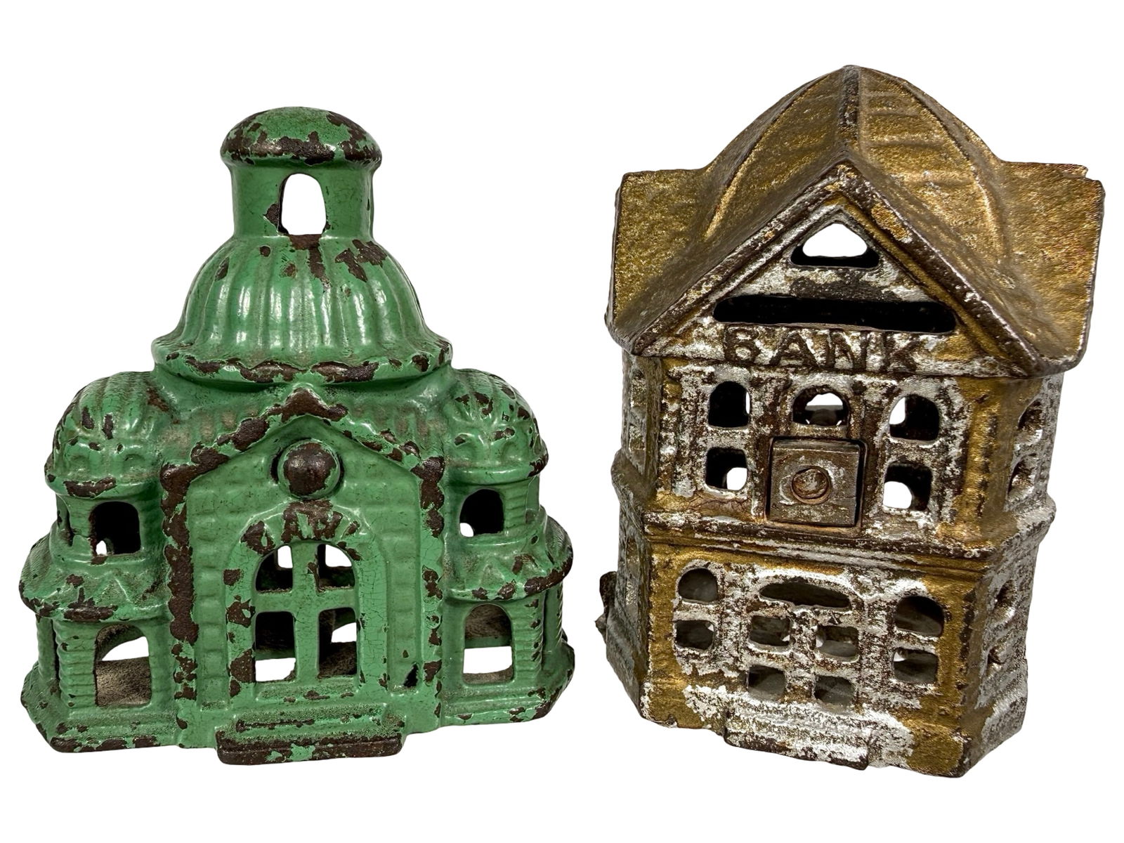 Hexagonal Building/ Tiny Mosque Banks: American 1920- Taller is 3 1/2"T x 2 1/4"W -The Tom Kellogg Collection