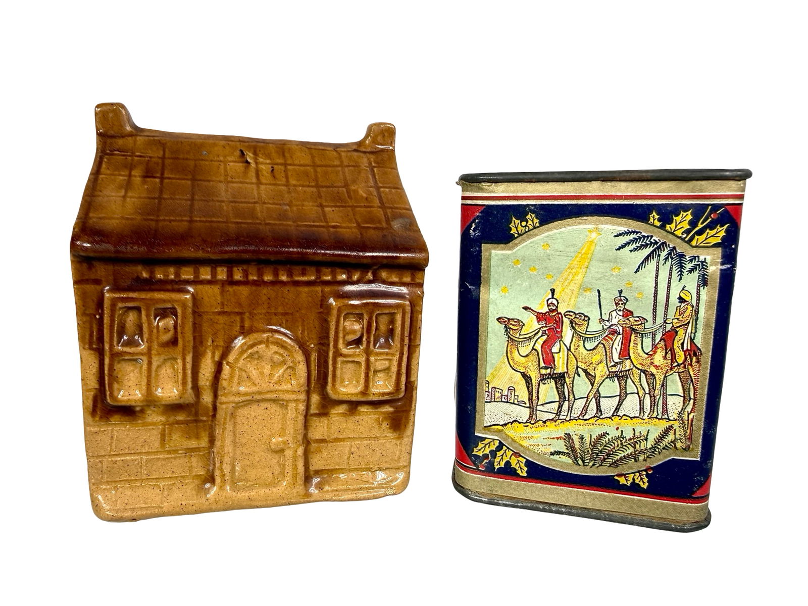 Pottery/ Cardboard Banks: American 1900/30's - House is 3 1/2"T x 2 3/4"W -The Tom Kellogg Collection