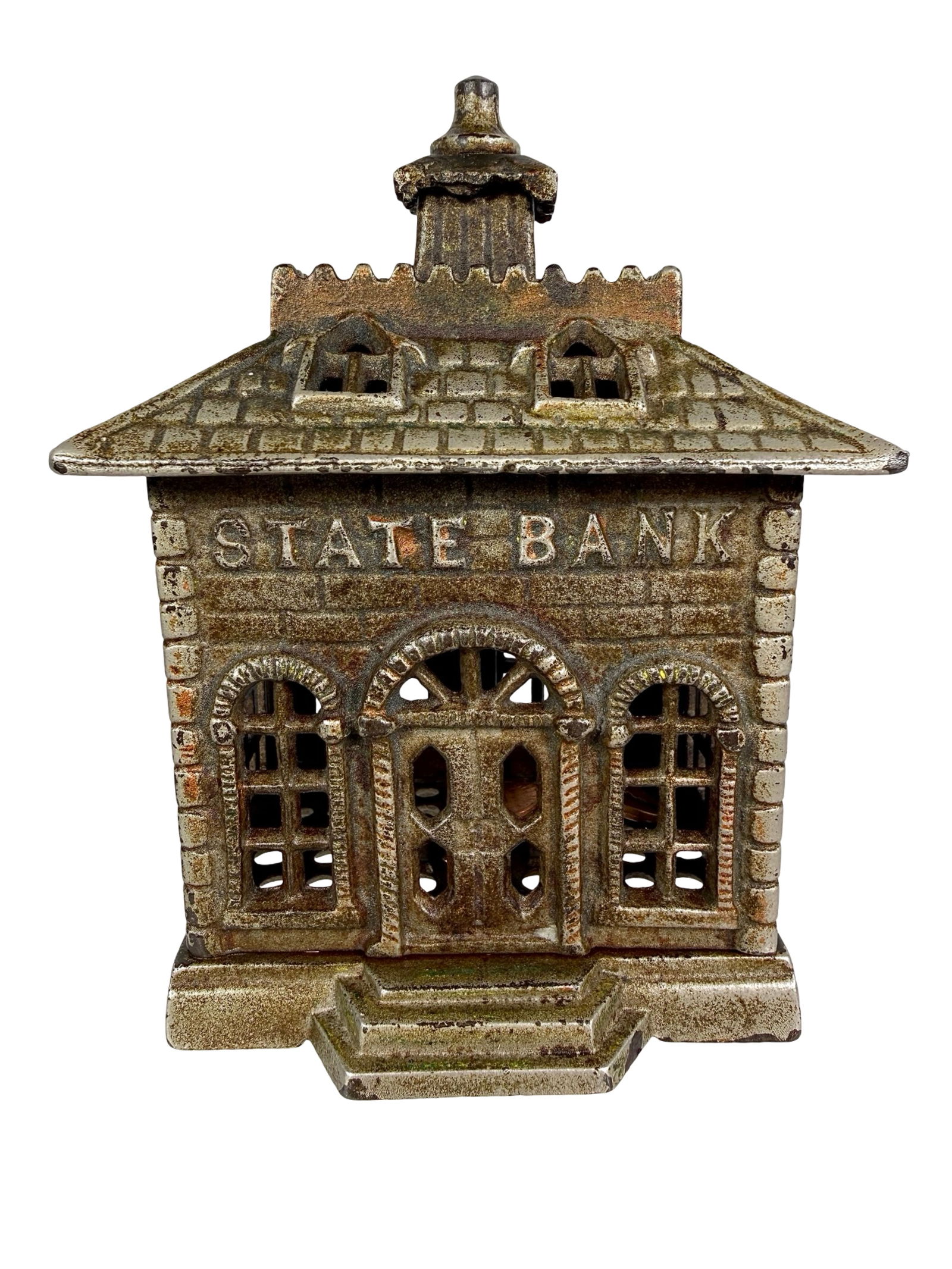 State Bank- Nickel Plated with Copper Highlights: Kenton Hardware - Kenton, OH. 1900 - 5 1/2"T x 4"W - The Tom Kellogg Collection