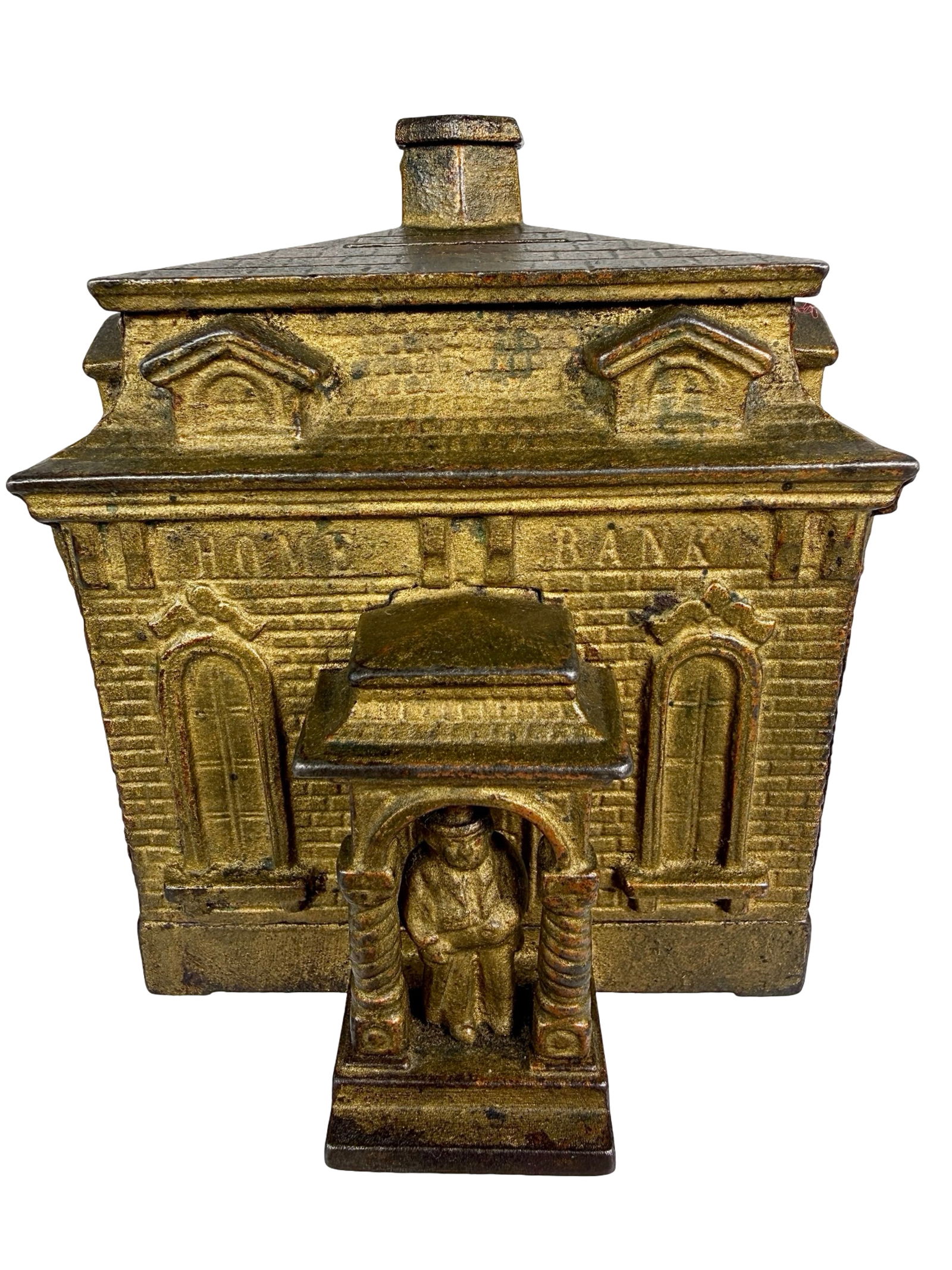 Home Bank with Man at Door: H.L Judd Company- Walling Ford, Connecticut 1880's- 4"T x 4 1/4"D -The Tom Kellogg Collection