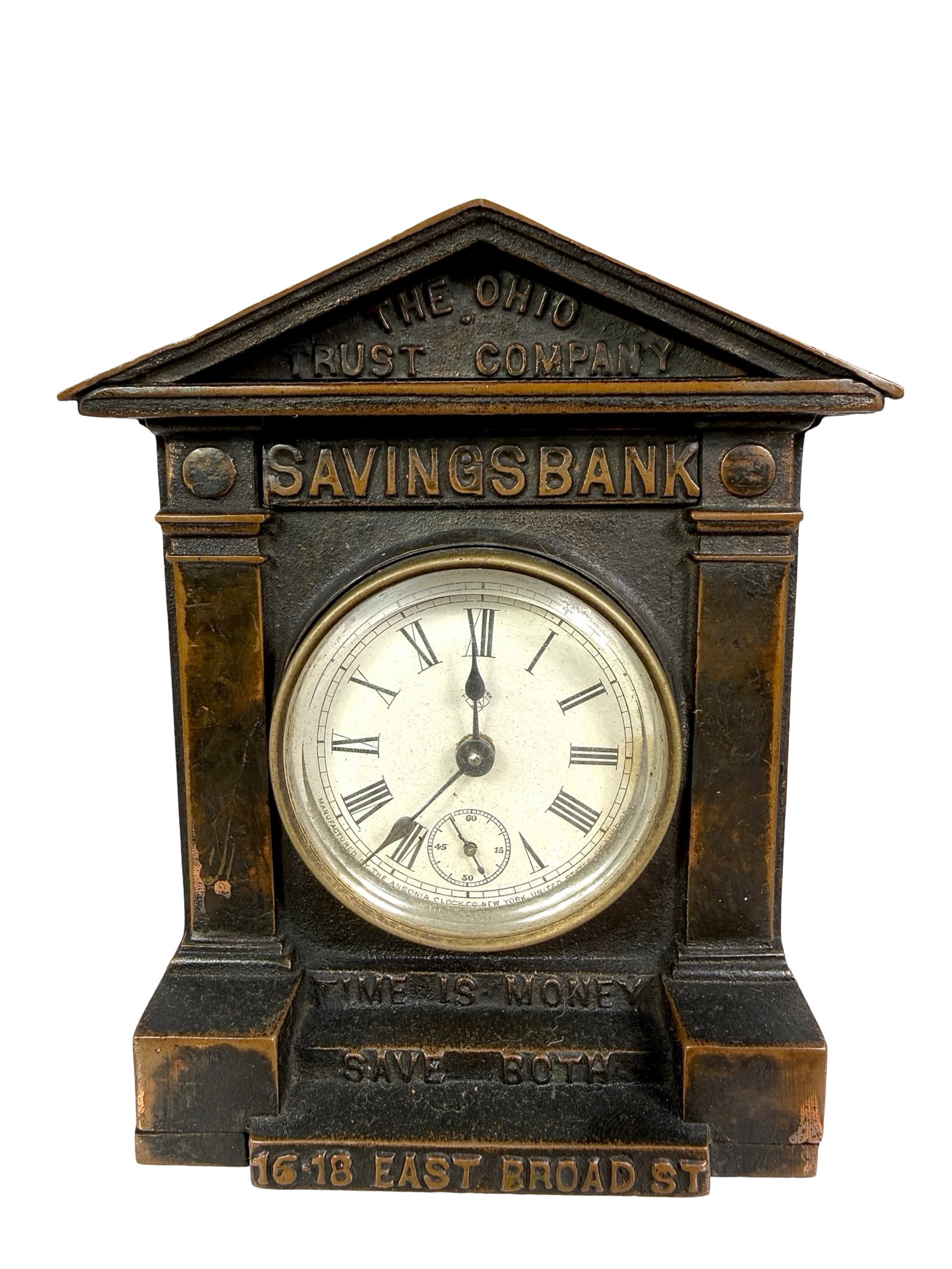 Ohio Trust Company Savings Bank with clock: National Brassworks- Cleveland, OH. 1900- 4 3/4"T x 4"W -The Tom Kellogg Collection