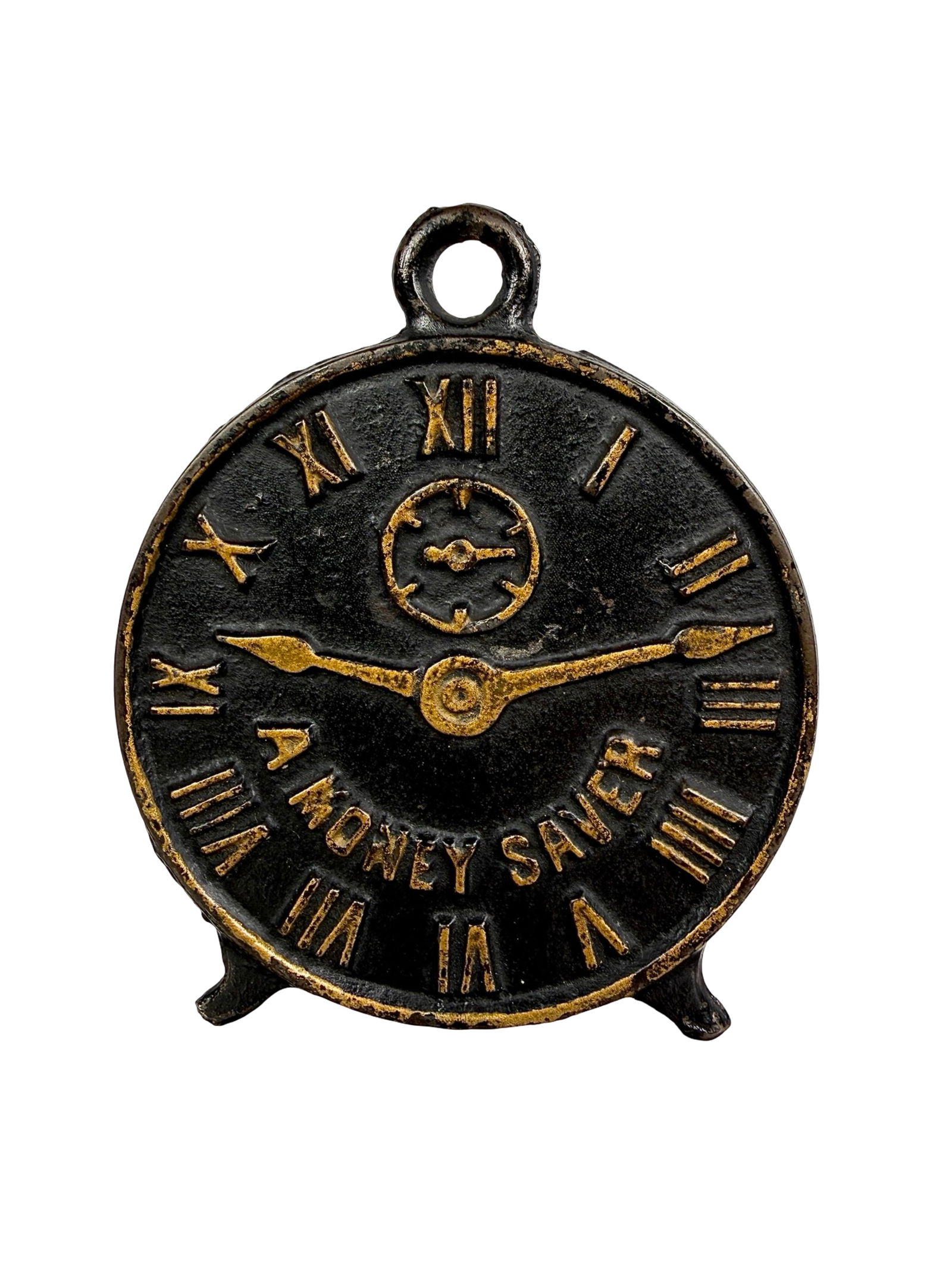 A Money Saver Clock Bank - Tin and Cast Iron: Arcade Mfg. Co. - Freeport, IL. 1925 - 3 1/2"T x 3"W - The Tom Kellogg Collection