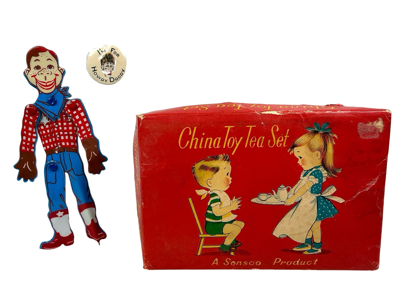 Childs Tea Set/Howdy Doody Pen and Pin: Japanese 1950's - Tea Set Box is 4 1/4"T x 6 3/8"L - The Tom Kellogg Collection
