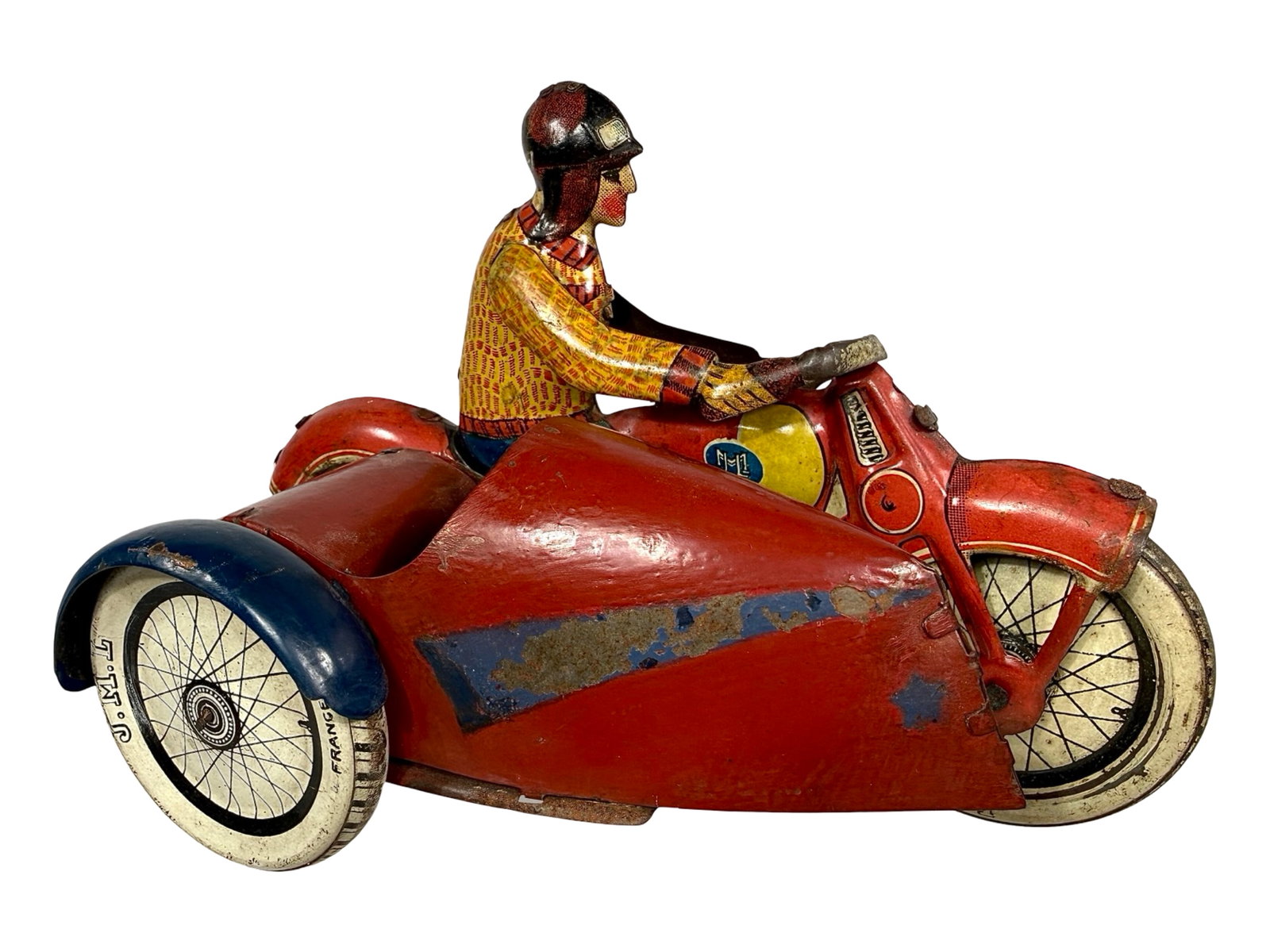 Windup Tin Motorcycle and Sidecar: Made by JML - French 1930's - 4 1/2"T 8"L x 4 3/8"D