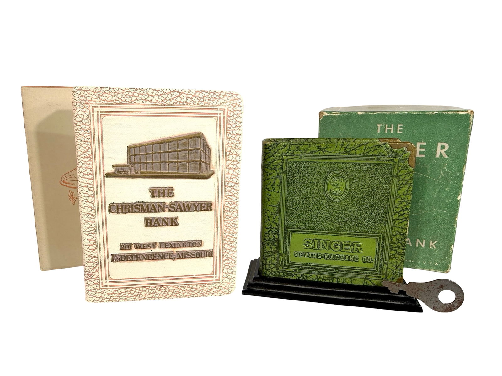 Two Book Banks with Boxes - Singer Sewing Machine and Chrisman-Sawyer Bank: American 1920/30's - Larger is 4 3/4"T x 3 1/2"W