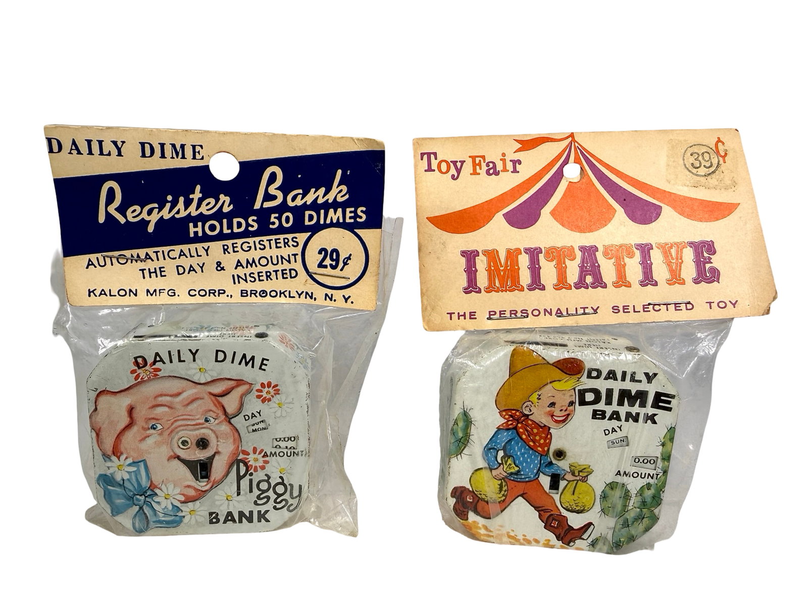 Two Pocket Dime Register Banks - Daily Dime Cowboy and Piggy: American 1950's - 2 1/2" Square