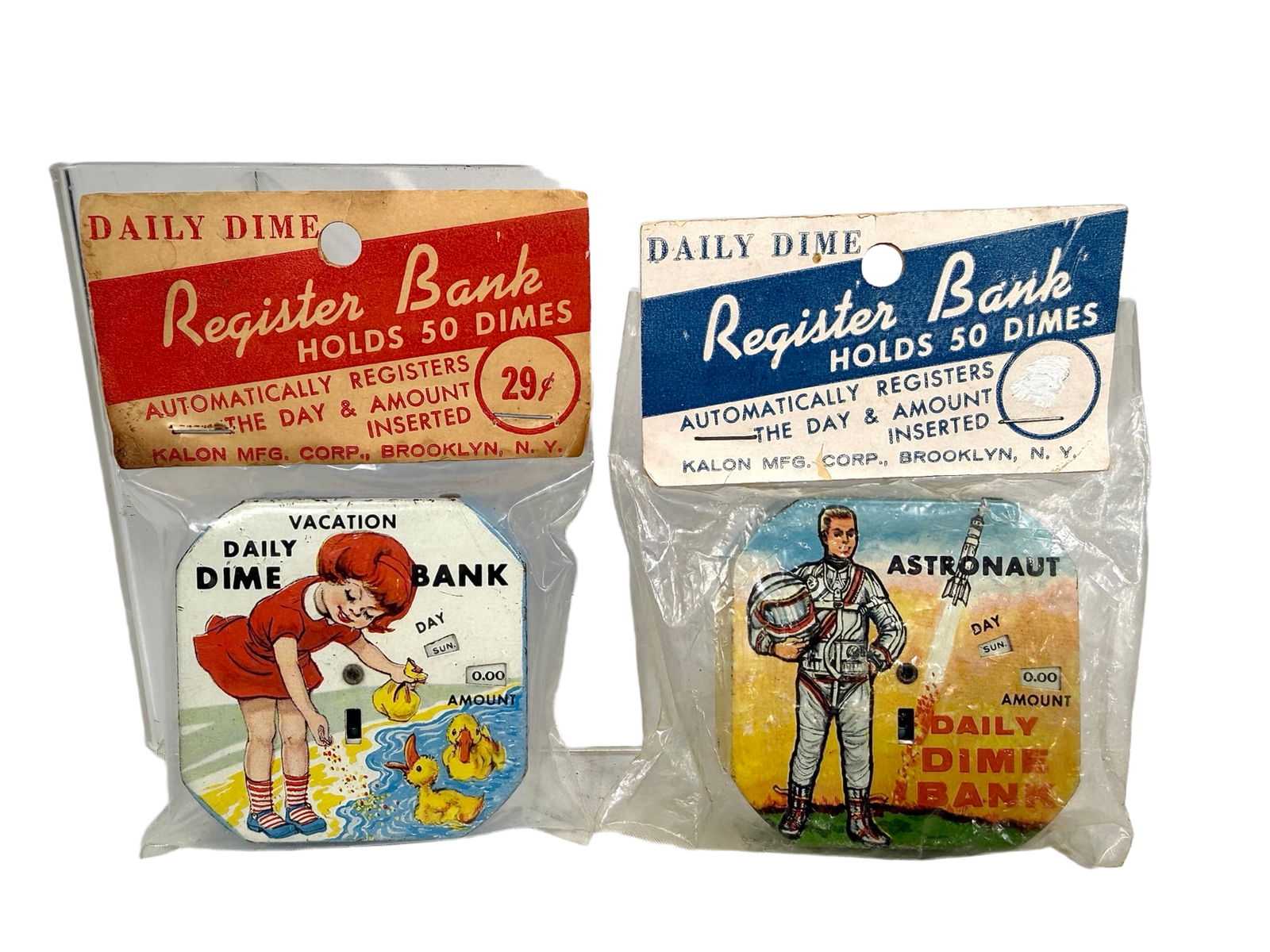 Two Daily Dime Register Banks - Vacation / Astronaut and Examples: American 1950/60 - 2 1/2" Square