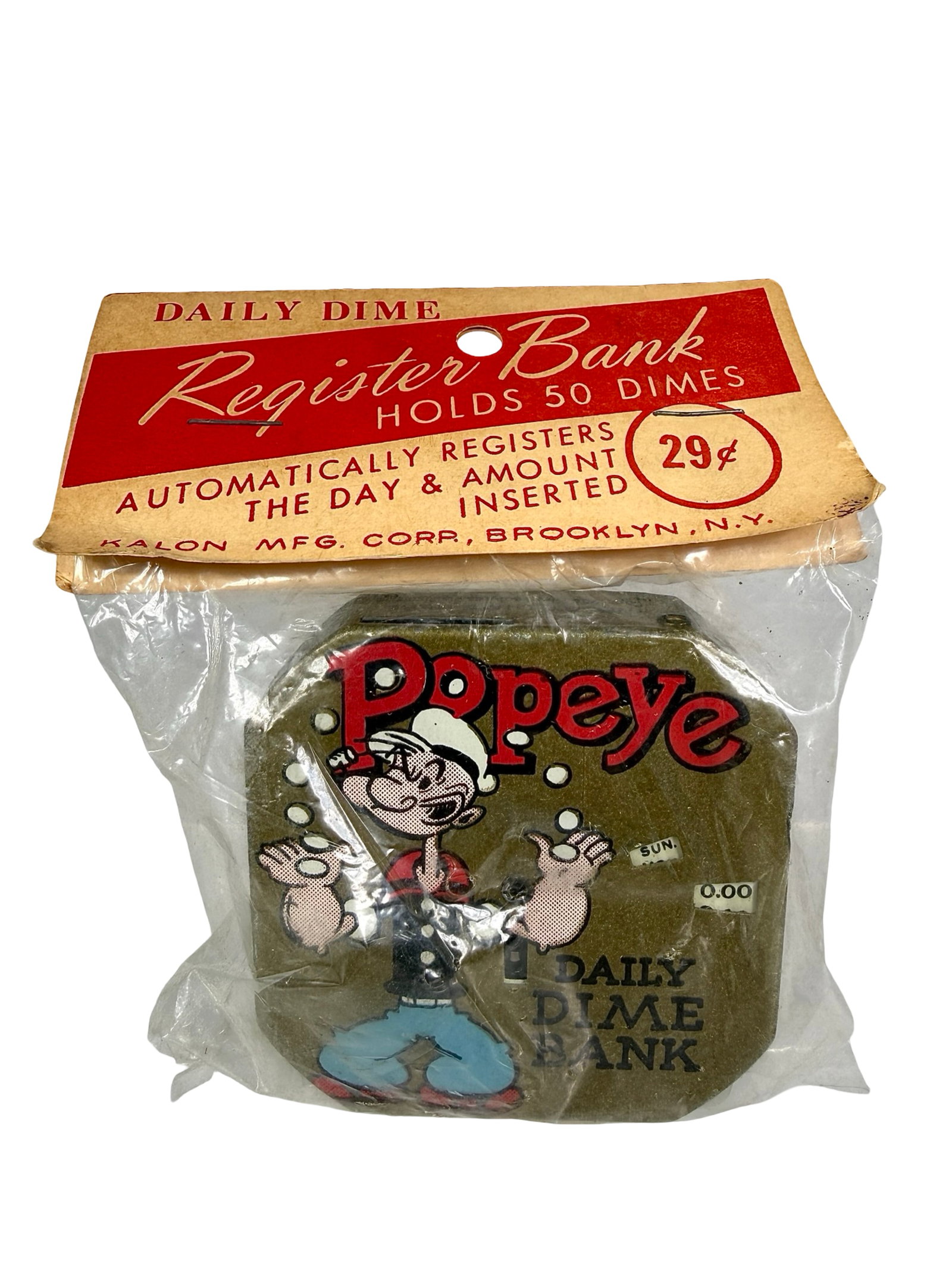 Popeye Daily Dime Register Bank - Gold Face: Kalon Mfg. Corp. - Brooklyn, NY. 1950's - 2 1/2" Square