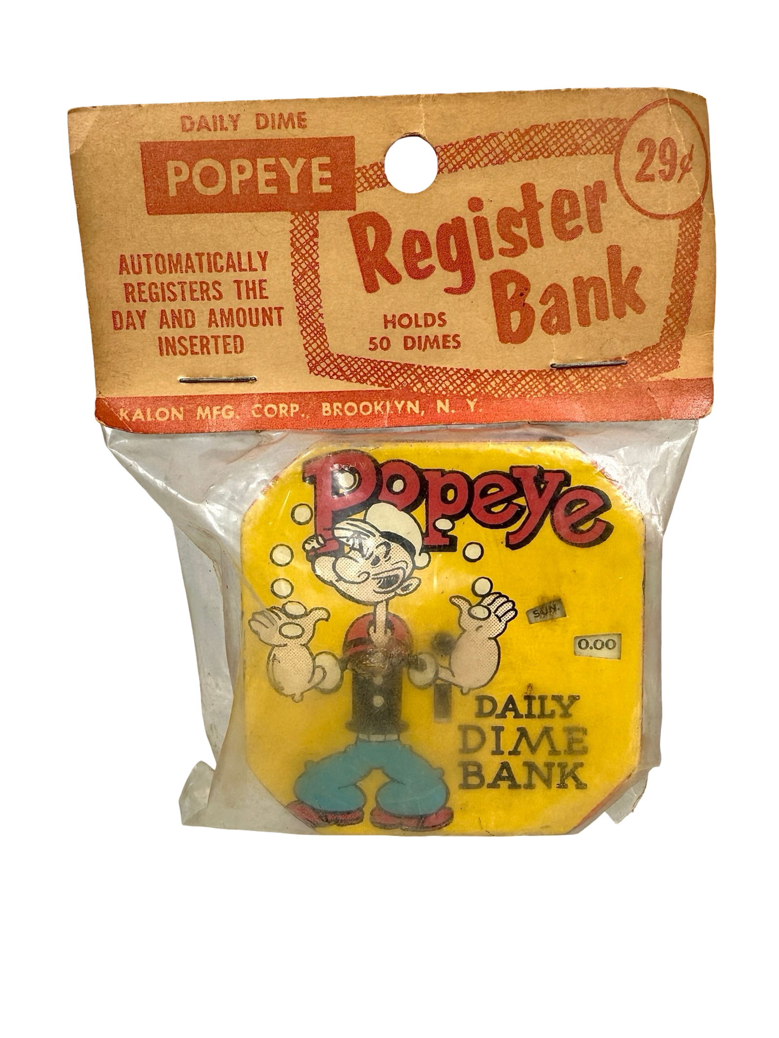 Popeye Daily Dime Register Bank - Yellow Face: Kalon Mfg. Corp. - Brooklyn, NY. 1950's - 2 1/2" Square
