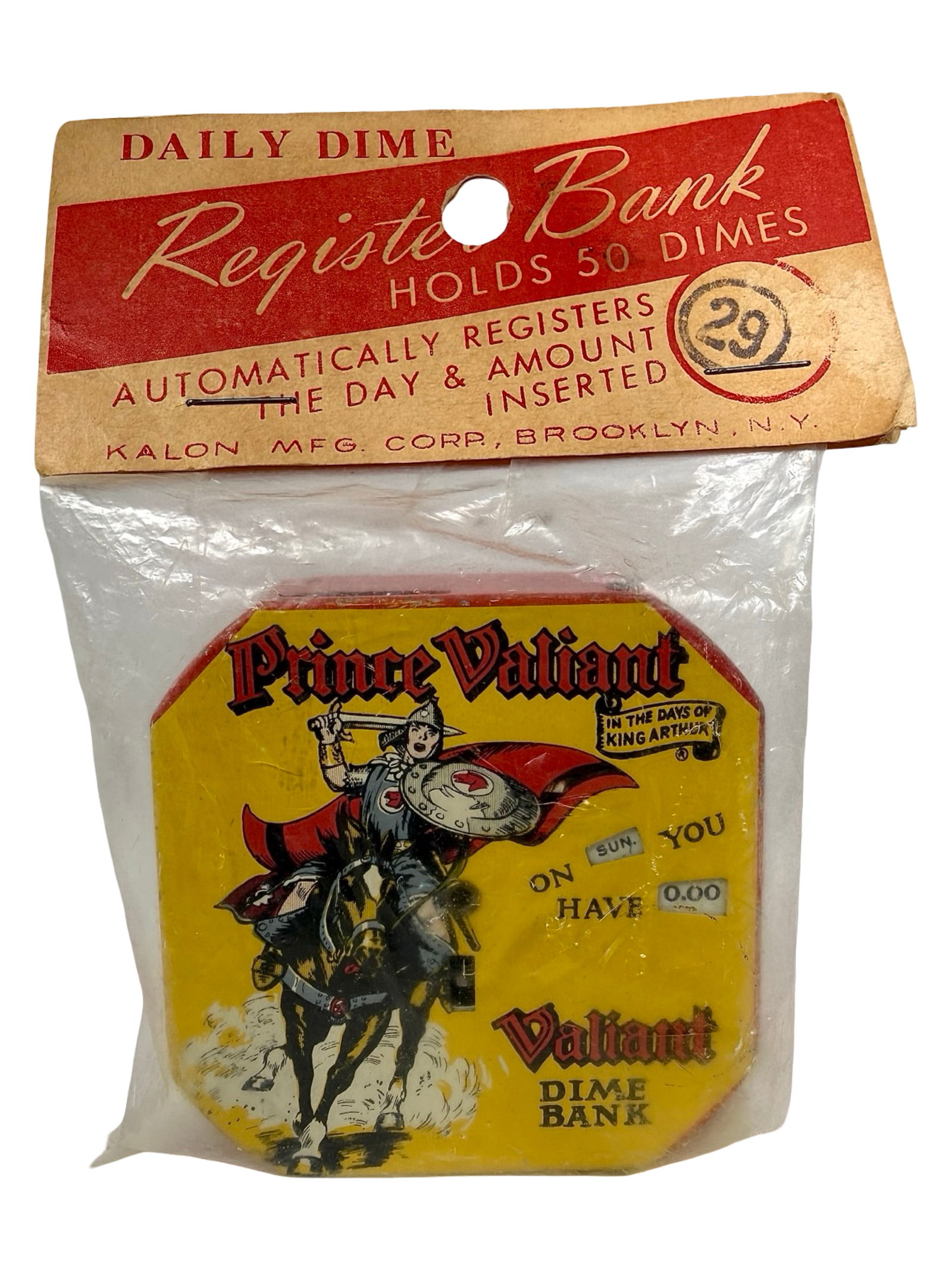 Prince Valiant Pocket Dime Register Bank: Kalon Mfg. Corp. - Brooklyn, NY. 1950's - 2 1/2" Square