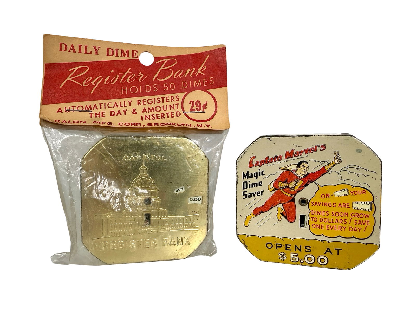 Two Pocket Dime Register Banks - Captain Marvel/U.S. Capitol: American 1940's - 1950's - 2 1/2" Square