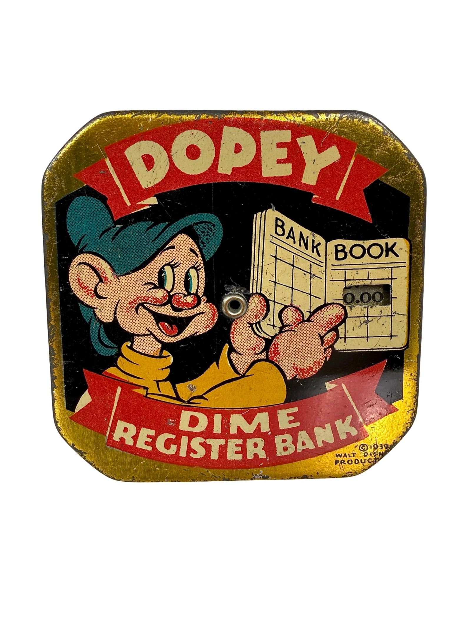 Dopey Pocket Dime Register Bank: Walt Disney Products - California 1939 - 2 1/2" Square