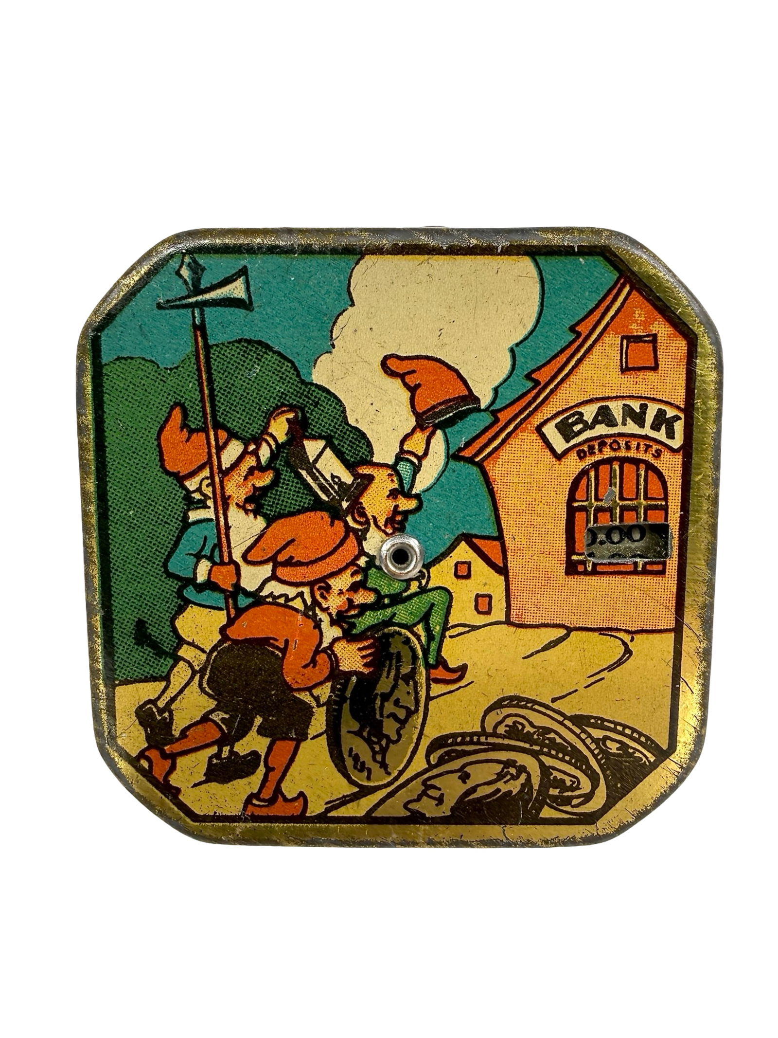 Seven Dwarves Pocket Dime Register Bank: American 1930's - 2 1/2" Square