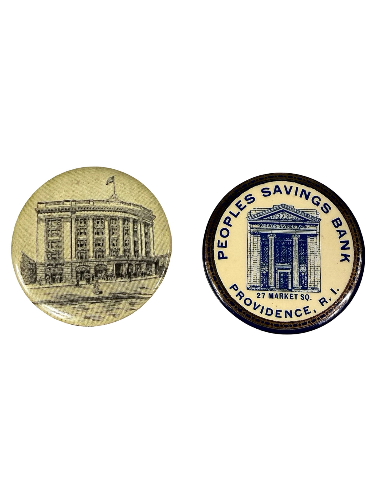 Two Celluloid Pocket Dime Banks: People Savings Bank / Christian Endeavors Building - American 1920's - 2" Diameter