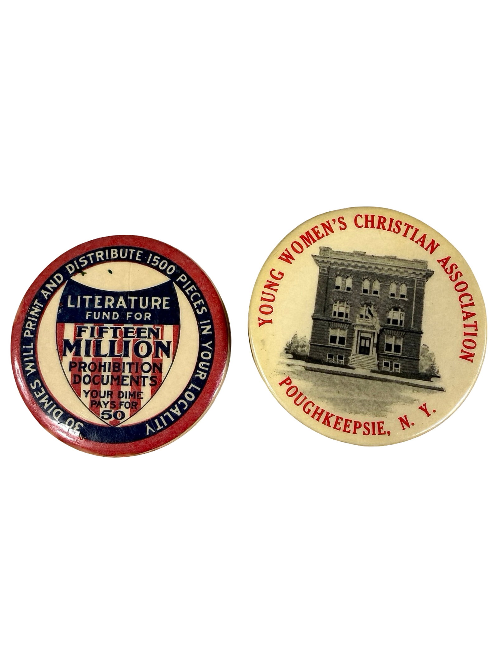 Two Celluloid Pocket Dime Banks: Young Woman's Christian ASSN / Prohibition Documents - American 1920's - 2" Diameter