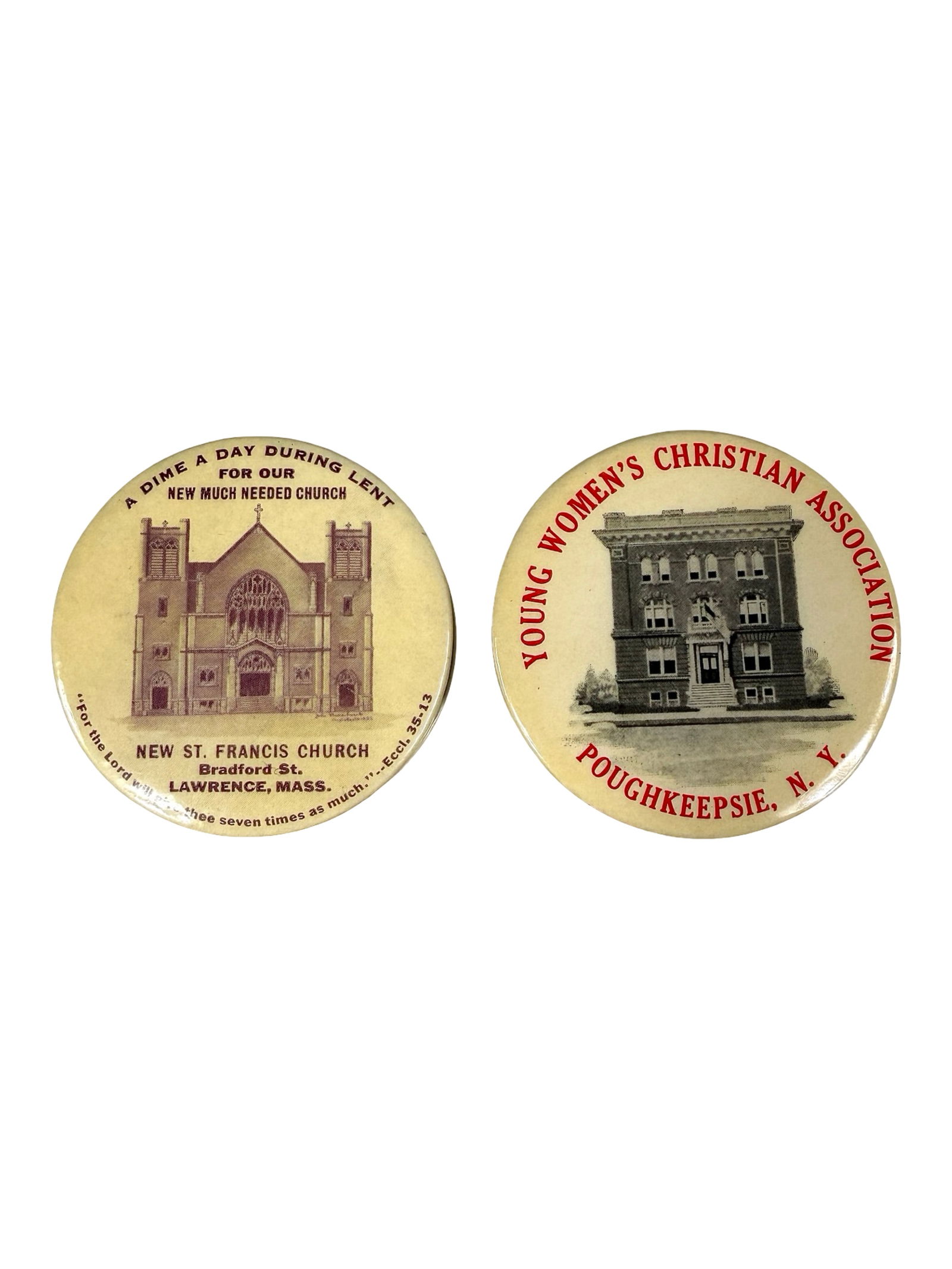 Two Celluloid Pocket Dime Banks: Young Woman's Christian ASSN / New St. Francis Church - American 1920's - 2" Diameter