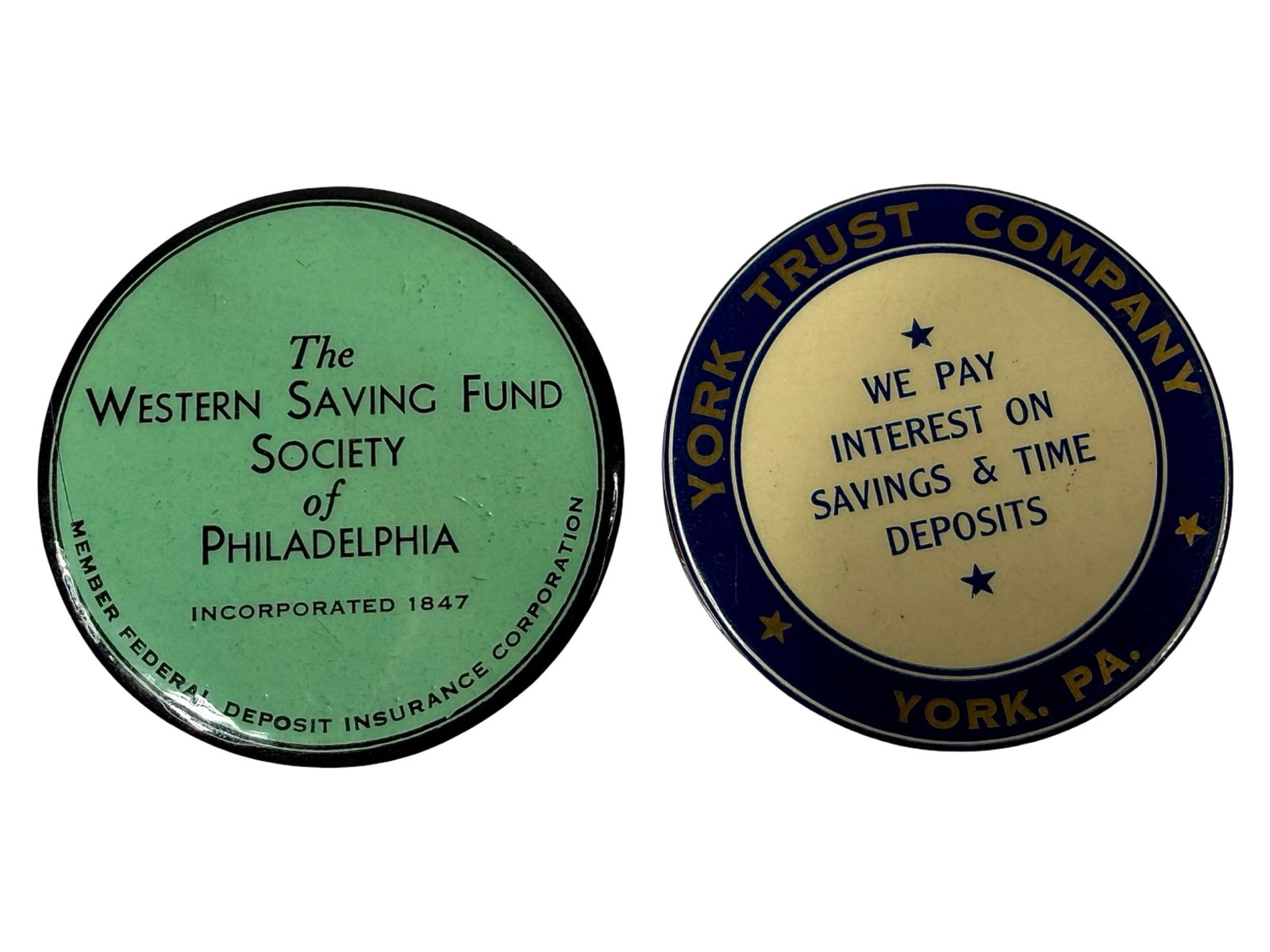Two Celluloid Pocket Dime Banks: York Trust Company / The Western Saving Fund - American 1920/30's - 2 1/2" Diameter