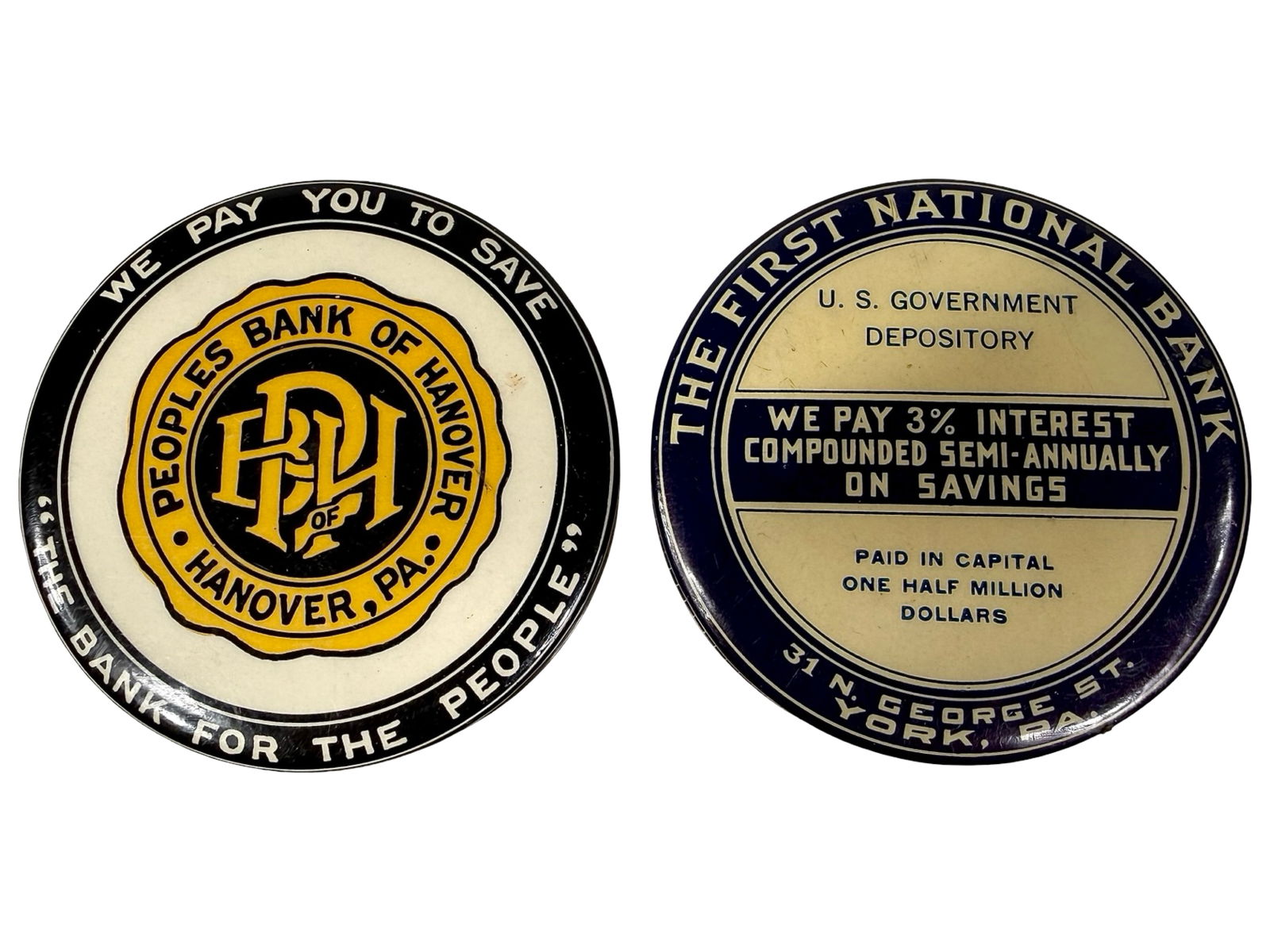Two Celluloid Pocket Dime Banks: Peoples Bank of Hanover / The First National Bank - American 1920/30's - 2 1/2" Diameter