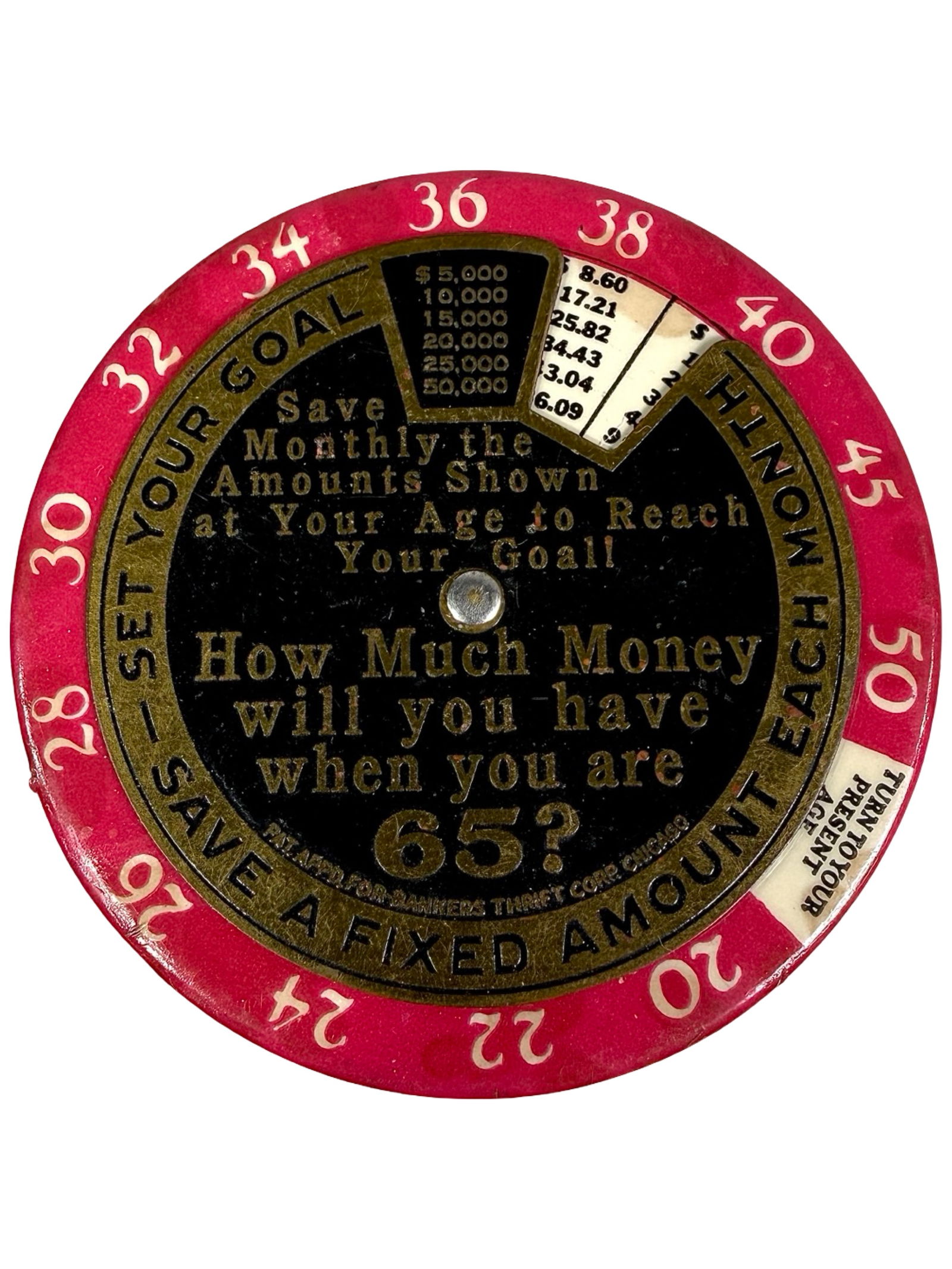 American Trust and Savings Bank - Celluloid Dime Bank: American 1920's - 2 1/2" Diameter