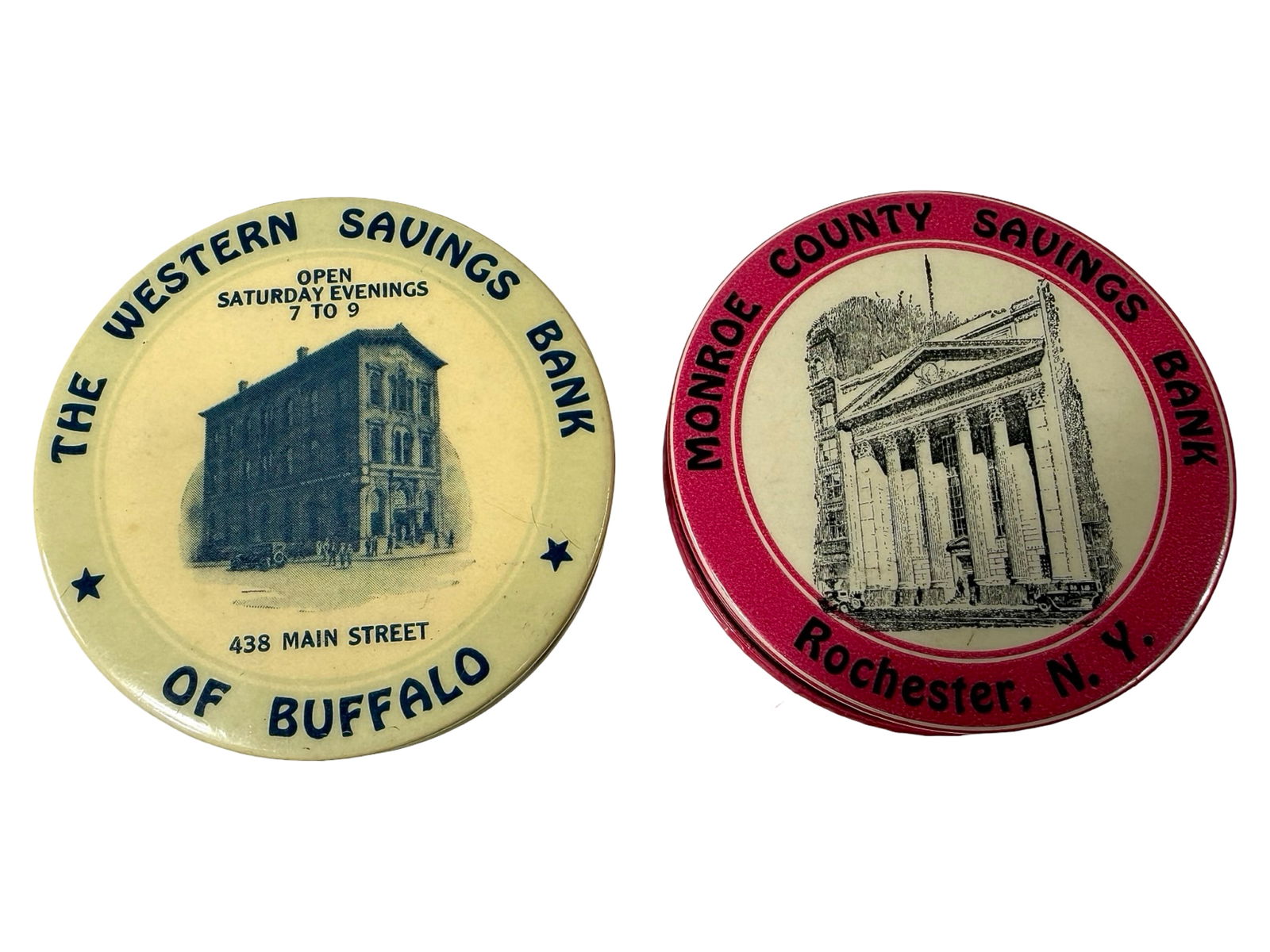 Two Celluloid Dime Banks: The Western Savings Bank / Monroe County Savings Bank - American 1920's - 2 1/2" Diameter