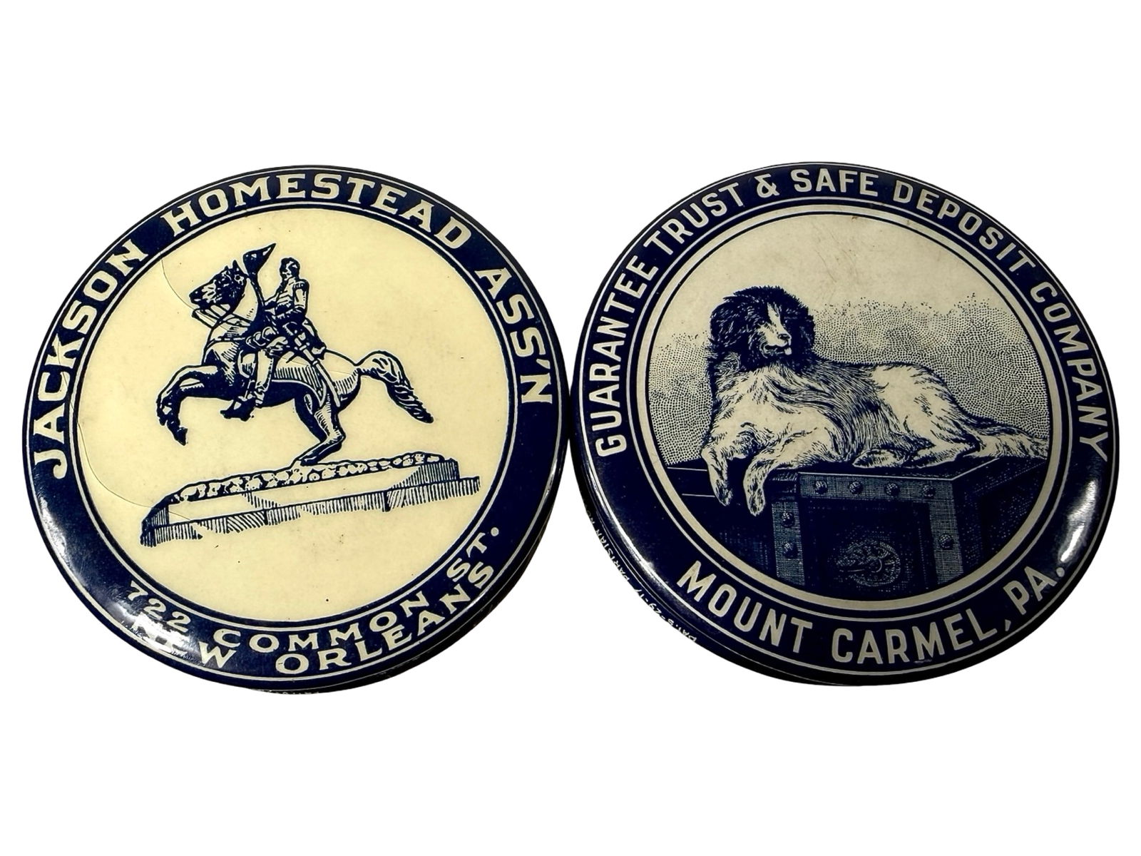 Two Celluloid Dime Banks: Jackson Homestead ASSN / Guarantee Trust - American 1920's - 2 1/2" Diameter