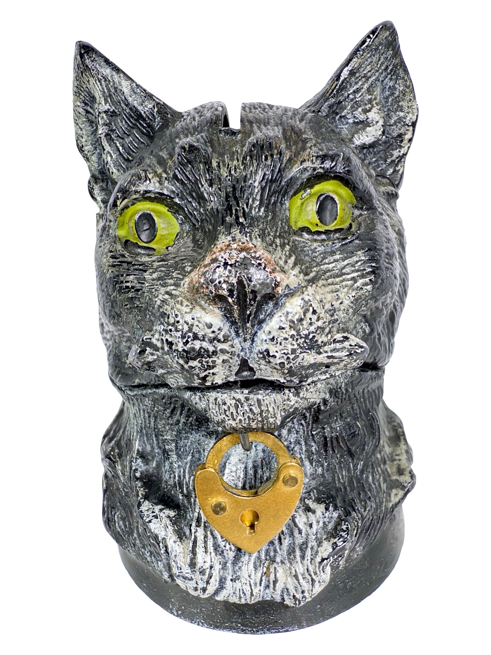 Spelter Cat Bust Still Bank: Locks Through Lower Jaw. Germany - Circa 1920's. 3 1/4" Tall x 2" Wide x 2 1/4" Deep. Bob and Shirley Peirce Collection.