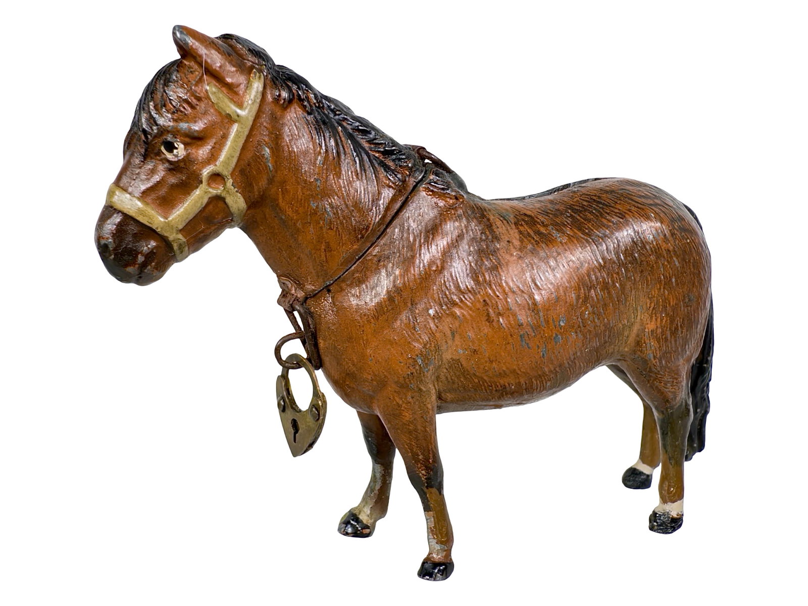 Shetland Pony Spelter Bank: Germany - Circa 1910's. 3 1/4" Tall x 4 1/2" Wide x 1" Deep. Bob and Shirley Peirce Collection.