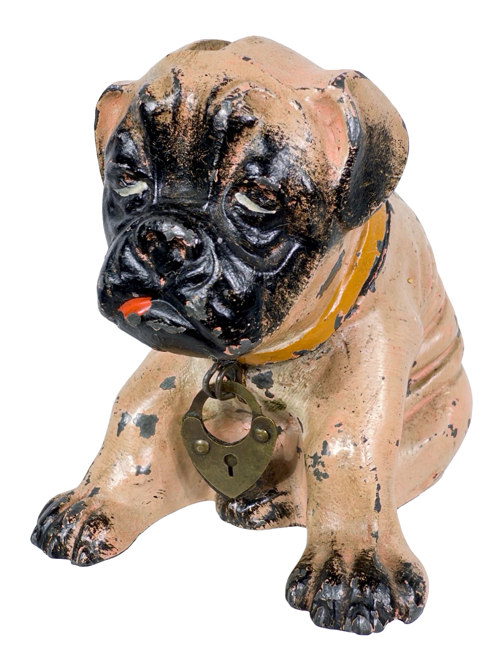 Seated Sad Puppy Spelter Bank: Germany - Circa Mid 1920's. 2 1/2" Tall x 3 1/4" Wide x 2 1/4" Deep. Bob and Shirley Peirce Collection.